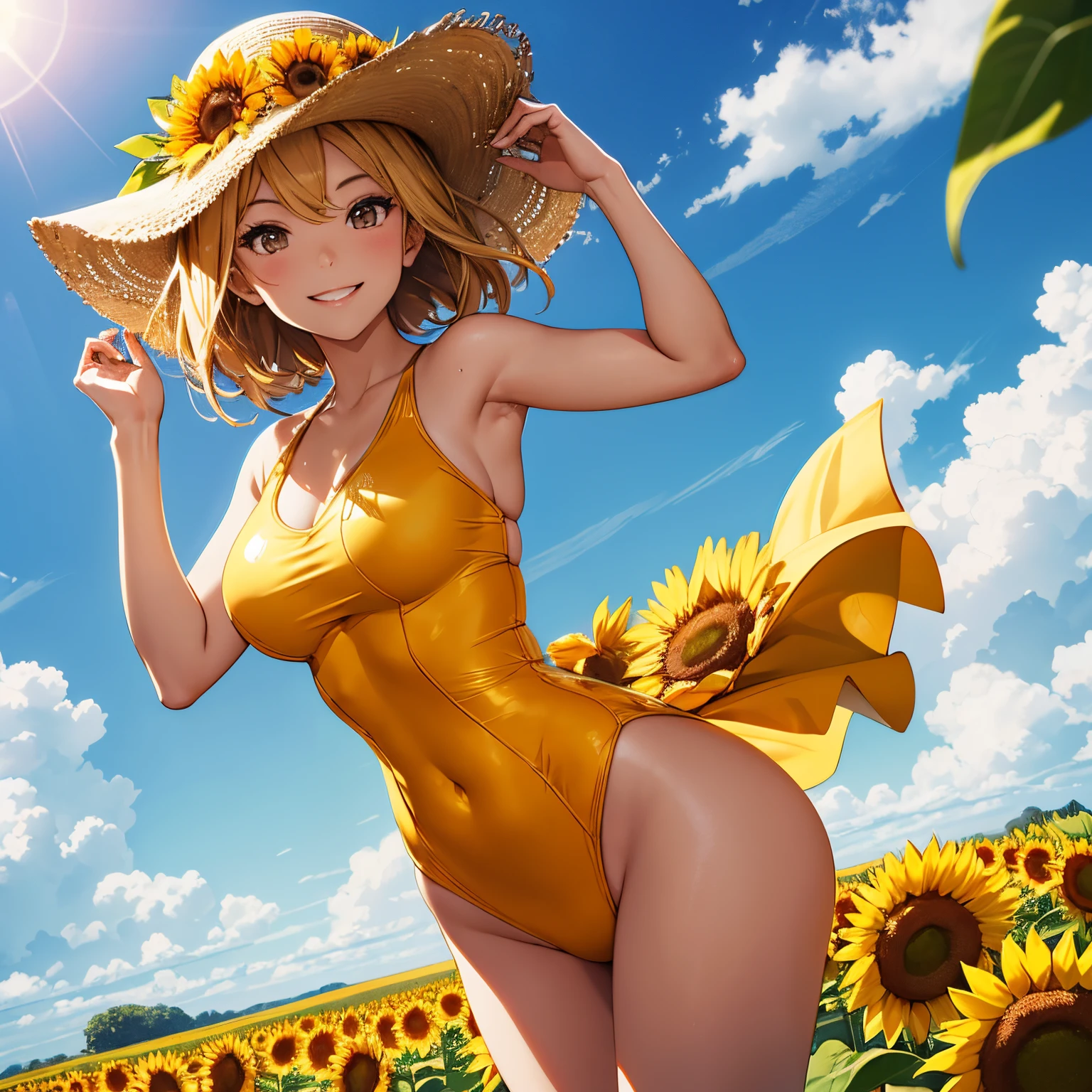 finest image, detailed, delicate, flashy and dynamic depiction, sunflower field, beautiful girl in a swimsuit shaped like a sunflower among tall sunflowers, smiling like the sun, professional sun lighting