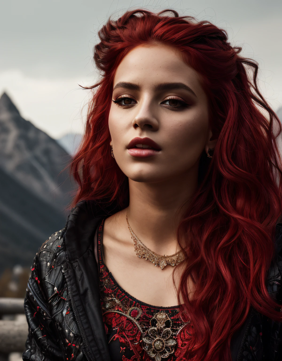 beautiful girl, full body portrait, short bright red disheveled hair, black eyeshadow, (street style wear:1.2), (Mountains:1.2), , dark makeup, digital art, trending on artstation, highly detailed, fine detail, intricate,  beautiful detailed glow, detailed, Cinematic light, highres, detailed facial features,sharp focus, smooth, aesthetic, happy, relaxed