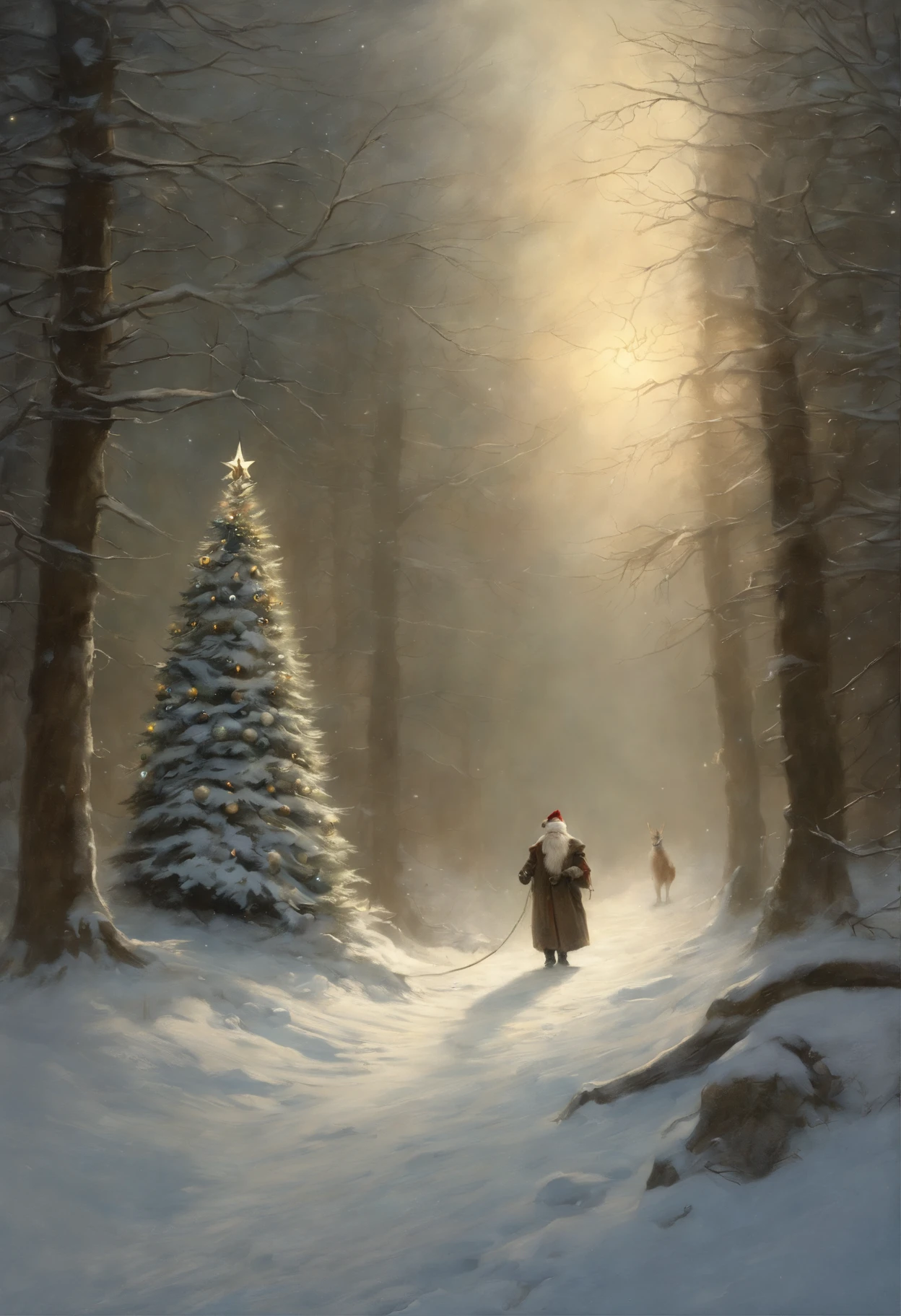 真实感, dark fantasy style, John Tolkien style, Small painting by Jean-Baptiste Monge, the dragon hugs the Christmas tree with its tail, winter, Snow is falling, huge christmas tree, a huge white dragon hugs a Christmas tree, large white dragon with golden crest, anatomically correctly drawn body, Looks like an ancient dragon, Santa Claus near the Christmas tree, The city, megalopolis, city trail, Big Christmas tree, glass skyscraper, Jean-Baptiste Monge, anthropomorphic --ar 2:3 --testp -optimistic;