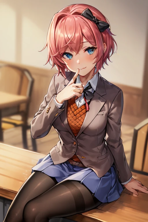 best quality, high resolution, unity 8k wallpaper, (illustration:0.8), (beautiful detailed eyes:1.6), extremely detailed face, perfect lighting, extremely detailed CG, (perfect hands, perfect anatomy), 2d, masterpiece, ((sitting on table:1.4)), ((crossed legs)), living room, floor, best quality, ((full body)), full pose, anime, highly detailed, cowboy shot, 1girl, solo, sayori, blue eyes, pink hair, hair bow, short hair, ((red hair bow)), medium breast, school uniform, blazer, brown sweater, collared shirt, neck ribbon, blue skirt ((black loafers:1.4)), slim body, slim legs, ((smile face)), blushing, red face, ((black pantyhose:1.4)),((point of view down)),((point of view from floor)), ((finger on moutch:1.4)), playground background,