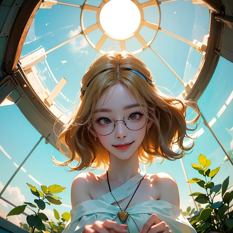 ( Masterpiece, best quality , shot from below , 75mm lens, fisheye:1.2 ), ((pov from below:1.4)), (( beautiful, luxurious, greenhouse dome:1.5, glass panels, plants of colours, vibrant , extreme high detailed, intricate details )). ( 1woman_/(kimtaeyeon/), narrow face, strong jaw, [plump cheeks], transparent glasses, dark hair with blonde highlights, loving smile, beautiful eyes, caring smile, wearing beach summer ootd ), ( cinematic lighting, backlit, soft light)