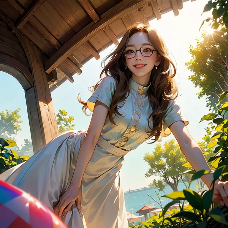 ( Masterpiece, best quality , shot from below , 75mm lens, fisheye:1.2 ), ((pov from below:1.4)), (( beautiful, luxurious, greenhouse dome:1.5, glass panels, plants of colours, vibrant , extreme high detailed, intricate details )). ( 1woman_/(kimtaeyeon/), narrow face, strong jaw, [plump cheeks], transparent glasses, dark hair with blonde highlights, loving smile, beautiful eyes, caring smile, wearing beach summer ootd ), ( cinematic lighting, backlit, soft light)