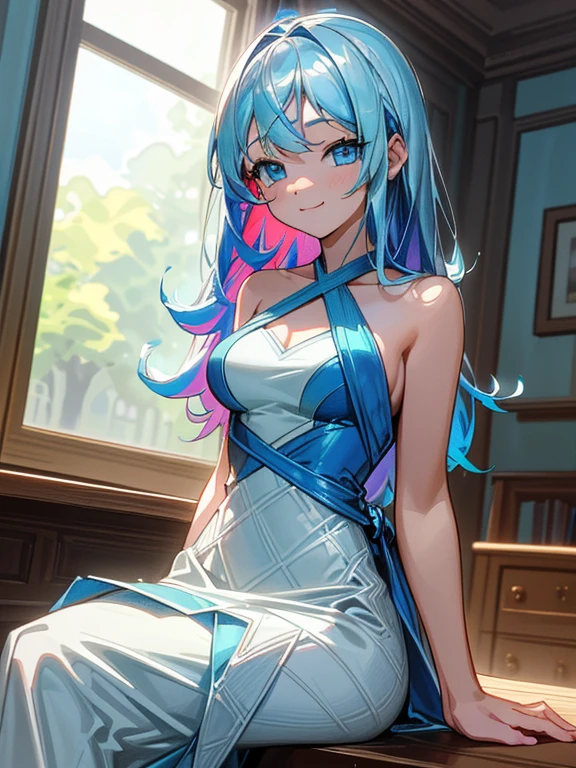 ((masterpiece、top-quality:1.5、a high chroma:1.5、ultra-detailliert、high-resolution illustrations:1.5、Ultra-high-definition CG、8k size wallpaper、offcial art))、,(highly colorful:1.5),(front view:1.5),(1girl),(:1.5)、(Shining blue eyes:1.5),(Beautiful face:1.5,Beautiful eyes:1.5)、(close to viewer:1.5),((sit on the desk、 crossed legs:1.5)),
(forced smile:1.3)、(sexy body),(Multicolored 水玉 criss-cross halter dress:1.5), (Beautiful colorful s水玉 criss-cross halter dress in every detail),(high heel boots),(medium breasts:1.5),,(Shining blue eyes:1.8)、(cowboy shot:1.5)、(), ,,colourfull、