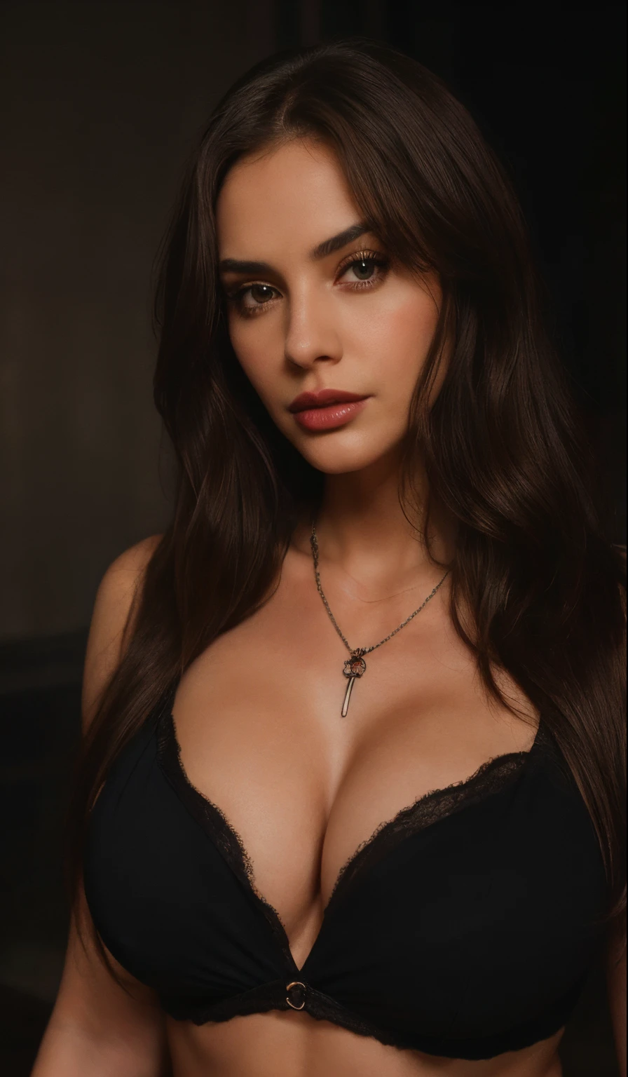 1girl, solo, jewelry, breasts, necklace, cleavage, realistic, brown hair, brown eyes, looking at viewer, large breasts, lips, makeup, long hair, upper body, lipstick, black hair,slate atmosphere, cinematic, dimmed colors, dark shot, muted colors, insane details, intricate details,