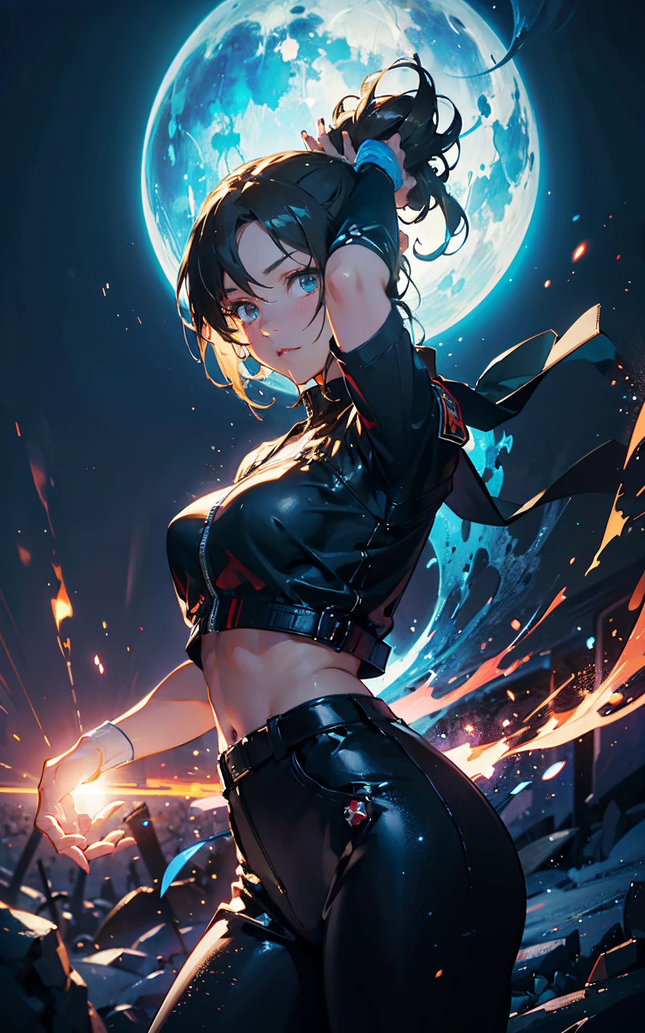 (Masterpiece, best quality, 8ก, Sharp focus, depth of field, shadowที่ดีที่สุด, perfect fire, HDR, Realistic skin texture, Too detailed background), anime style, Long angle shot, ((cyberpunk theme)), alone, 1 woman, She is a mercenary., (blue eyes, white skin, Black hair with a ponytail, choker, big breasts, thin, put on makeup, eyeliner, shadow), She is working on the future city of Korea., Holding a Katana, nighttime, sky, waning moon, Wear a tech jacket and nice leather pants..