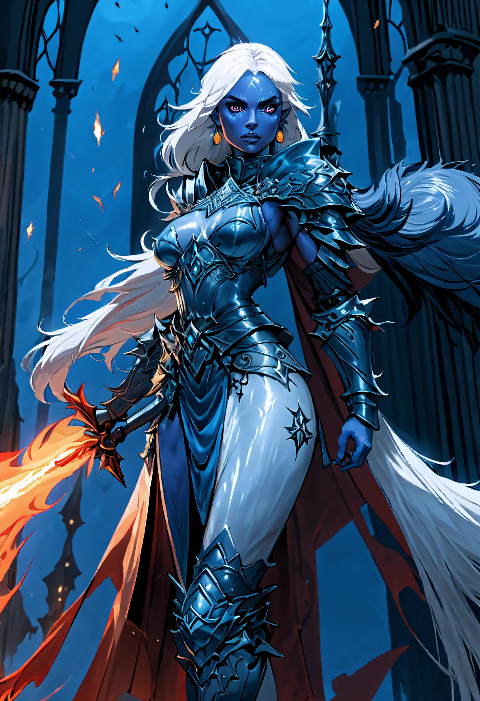 fantasy art, dnd art, RPG art, drkfntasy wide shot, (masterpiece: 1.4) portrait, intense details, highly detailed, photorealistic, best quality, highres, glowing particle portrait a vedalken female (fantasy art, Masterpiece, best quality: 1.3) (blue skin: 1.5), intense details facial details, exquisite beauty, (fantasy art, Masterpiece, best quality)cleric, divine warrior, messenger of god(blue colored skin: 1.5) blue skinned female, (white hair: 1.3), long hair, intense green eye, fantasy art, Masterpiece, best quality) armed a fiery rapier,  red fire, wearing heavy (white: 1.3) half plate mail armor CM-Beautiful_armor wearing high heeled laced boots, wearing an(orange :1.3) cloak, wearing glowing holy symbol GLOWING EARRINGS, within fantasy temple background, reflection light, high details, best quality, 16k, [ultra detailed], masterpiece, best quality, (extremely detailed), close up, ultra wide shot, photorealistic, RAW, fantasy art, dnd art, fantasy art, realistic art,