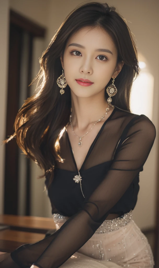 (On a table, Best quality, realistically, ultra - detailed, meticuloso, A high resolution, 8k wallpaper), Close-up portrait of a beautiful woman, Chariada, Smiling, light brown messy hair, Perfect dynamic composition, 美丽meticuloso的眼睛, Just like the cover of a fashion magazine, On campus