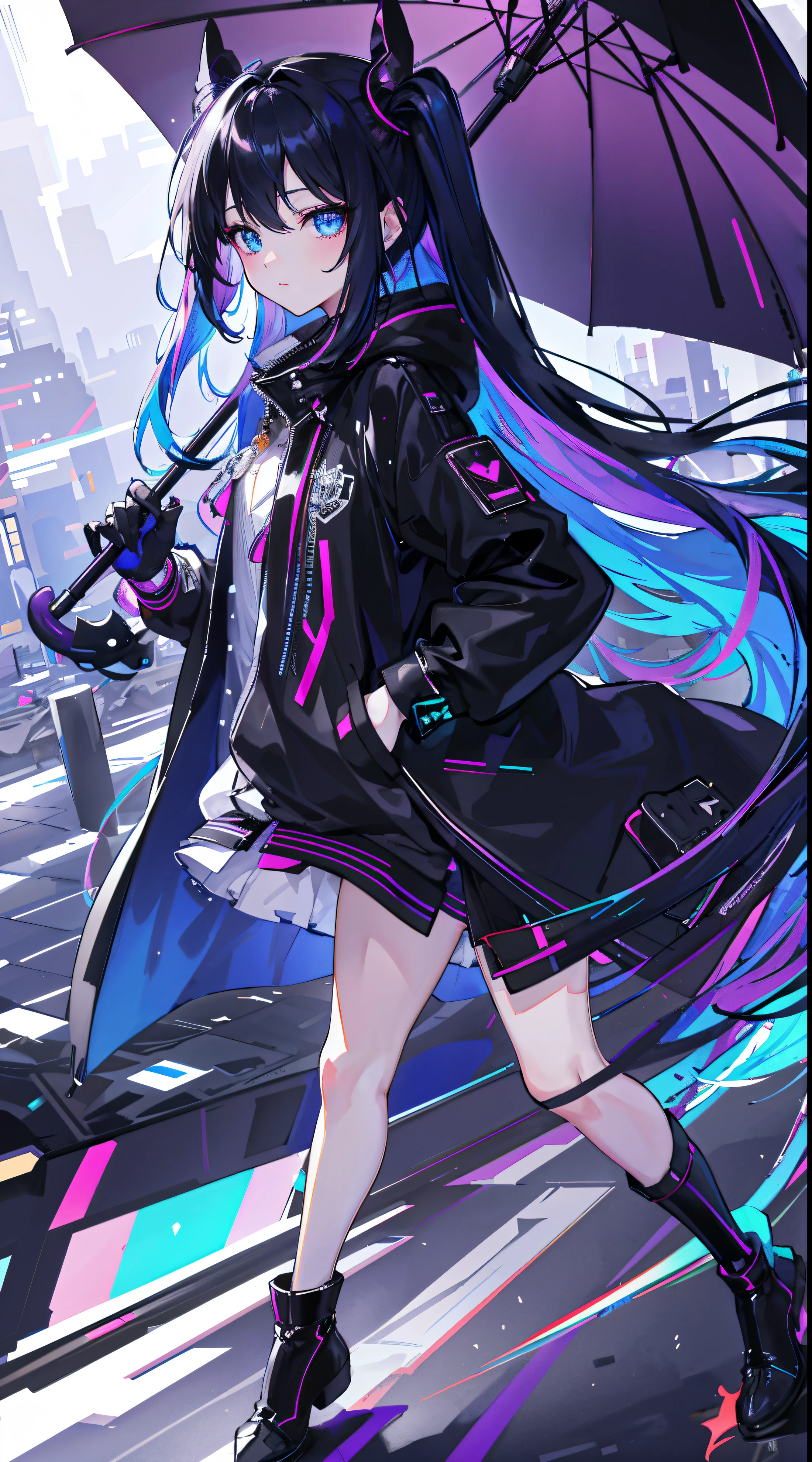 Best quality at best,16K quality,Ultra-clear image quality,one-girl、nightcity、the street lights、Sateen、Manteau、hands in a pocket、Iridescent、super colorful、Mainly black color scheme、wistful expression、An umbrella