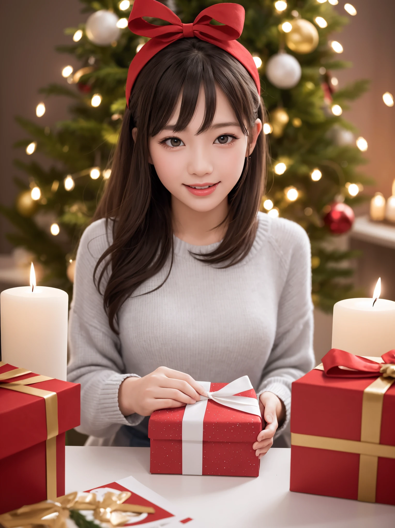 (best quality,4k,8k,highres,masterpiece:1.2),ultra-detailed,realistic,gifts,table,Christmas tree,decorations,wrapping ,bows,ribbon,presents,holiday spirit,vibrant colors,warm lighting,cozy atmosphere,toys,cards,candles,snowflakes,joyful,celebration,exquisite details,exciting surprises,shiny ornaments,sparkling tinsel,beautifully wrapped,excited children,anticipation,festive mood,magical ambiance,delightful moment,wonderful memories,family gathering,cheerful faces,Christmas magic,extravagant,abundance of presents,HDR,UHD,studio lighting,ultra-fine painting,sharp focus,physically-based rendering,professional,vivid colors,bokeh.