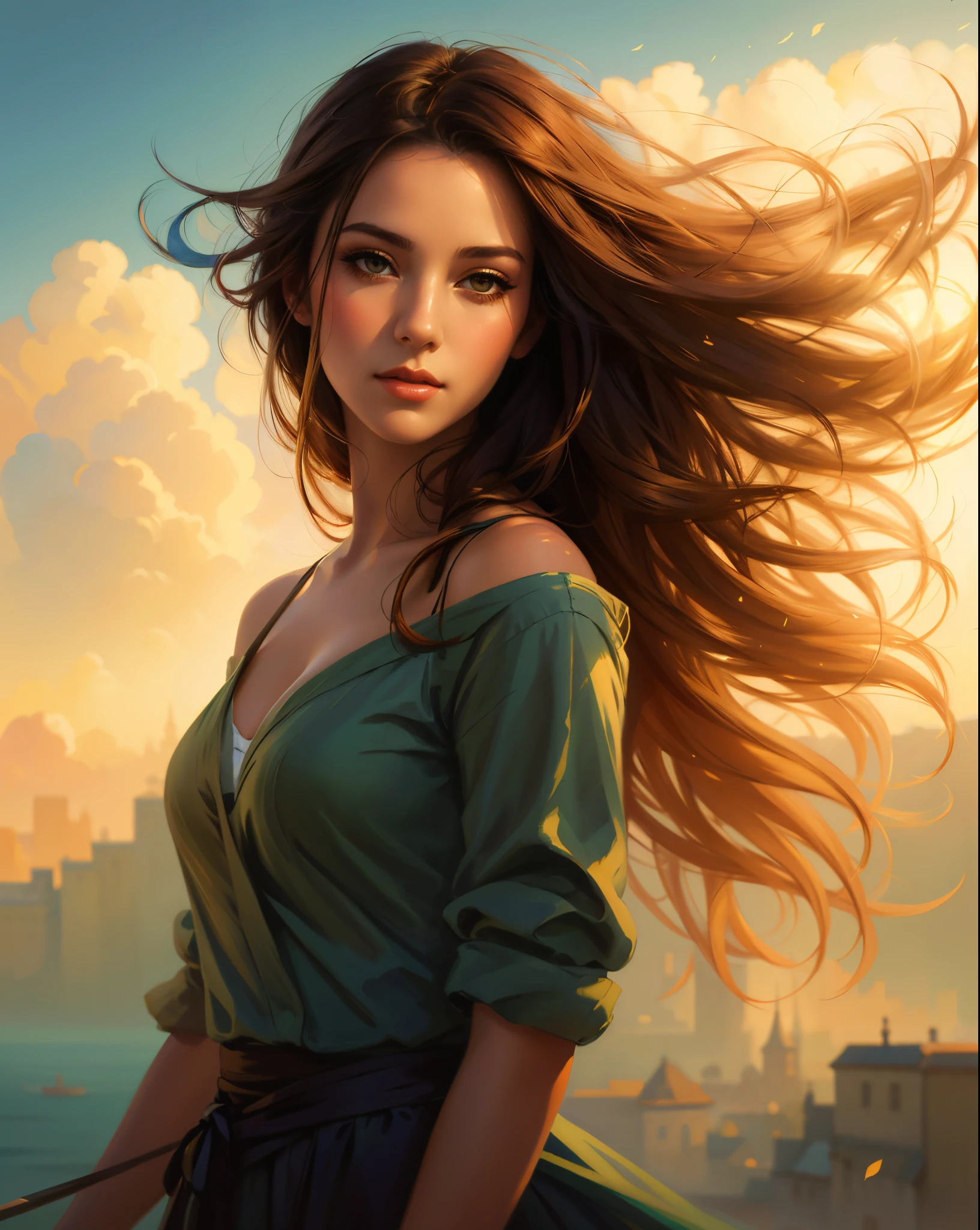 peinture d&#39;une femme aux cheveux longs dans une robe verte, gorgeous digital painting, WLOP et RHADS, beautiful digital painting, Rob Rey, RHADS et Lois van Baarle, stunning digital painting, Rob Rey et Kentarõ Miura style, Fantastic art portrait, beautiful fantasy art portrait, Fantastic art portrait, Belle peinture de personnage, artgerm portrait