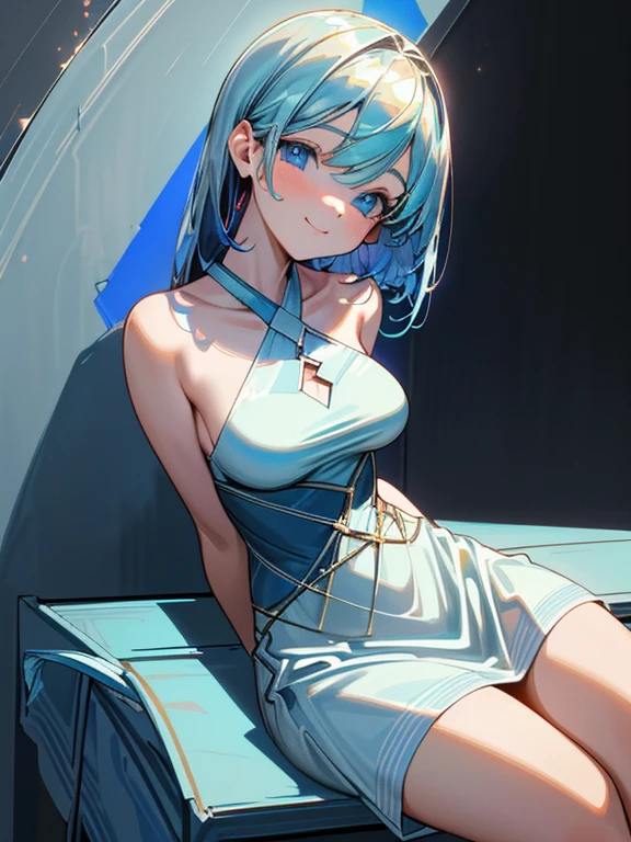 ((masterpiece、top-quality:1.5、a high chroma:1.5、ultra-detailliert、high-resolution illustrations:1.5、Ultra-high-definition CG、8k size wallpaper、offcial art))、,(highly colorful:1.5),(front view:1.5),(1girl),(Cute little girl:1.5)、(Shining blue eyes:1.5),(Beautiful face:1.5,Beautiful eyes:1.5)、(close to viewer:1.5),((sit on the desk、 crossed legs:1.5)),
(forced smile:1.3)、(sexy body),(Multicolored 水玉模様 criss-cross halter dress:1.5), (Beautiful colorful s水玉模様 criss-cross halter dress in every detail),(high heel boots),(medium breasts:1.5),,(Shining blue eyes:1.8)、(cowboy shot:1.5)、(), ,,colourfull、