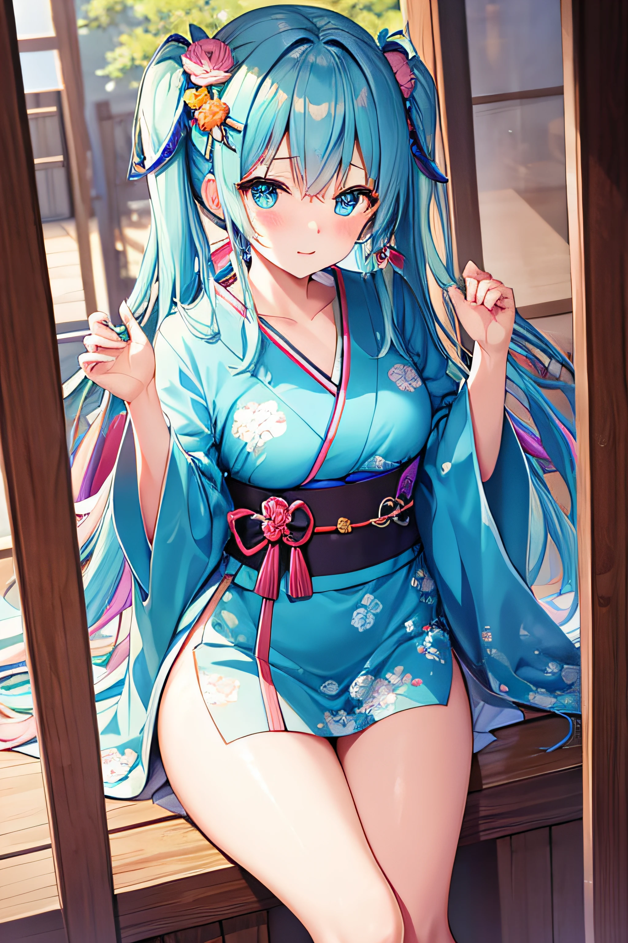 ​masterpiece、Top image quality、超A high resolution、miku hatsune、blue hairs、Twin-tailed、Blushing、Cute and shy、Short kimono、well-shaped thighs、kyoto、Japan、Night