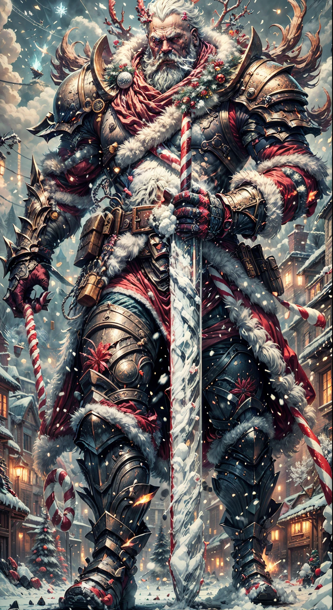 Santa Claus as the boss of the game "Dark Souls" in the Christmas DLC,best quality,4k,8k,highres,masterpiece:1.2,ultra-detailed,realistic:1.37,[HDR],[UHD],[studio lighting],extremely detailed face,beautiful detailed eyes,beautiful detailed lips,long eyelashes,[physically-based rendering],powerful physique,wearing a red and white armor suit with intricate designs,[imposing presence],holding a mighty candy cane [greatsword],surrounded by a snowy landscape,with large icicles hanging from the environment,casting a golden aura,[epic battle scene],intense fire and smoke effects,[vivid colorokeh],blue and white color scheme with hints of gold, dramatic lighting with warm highlights and cool shadows.