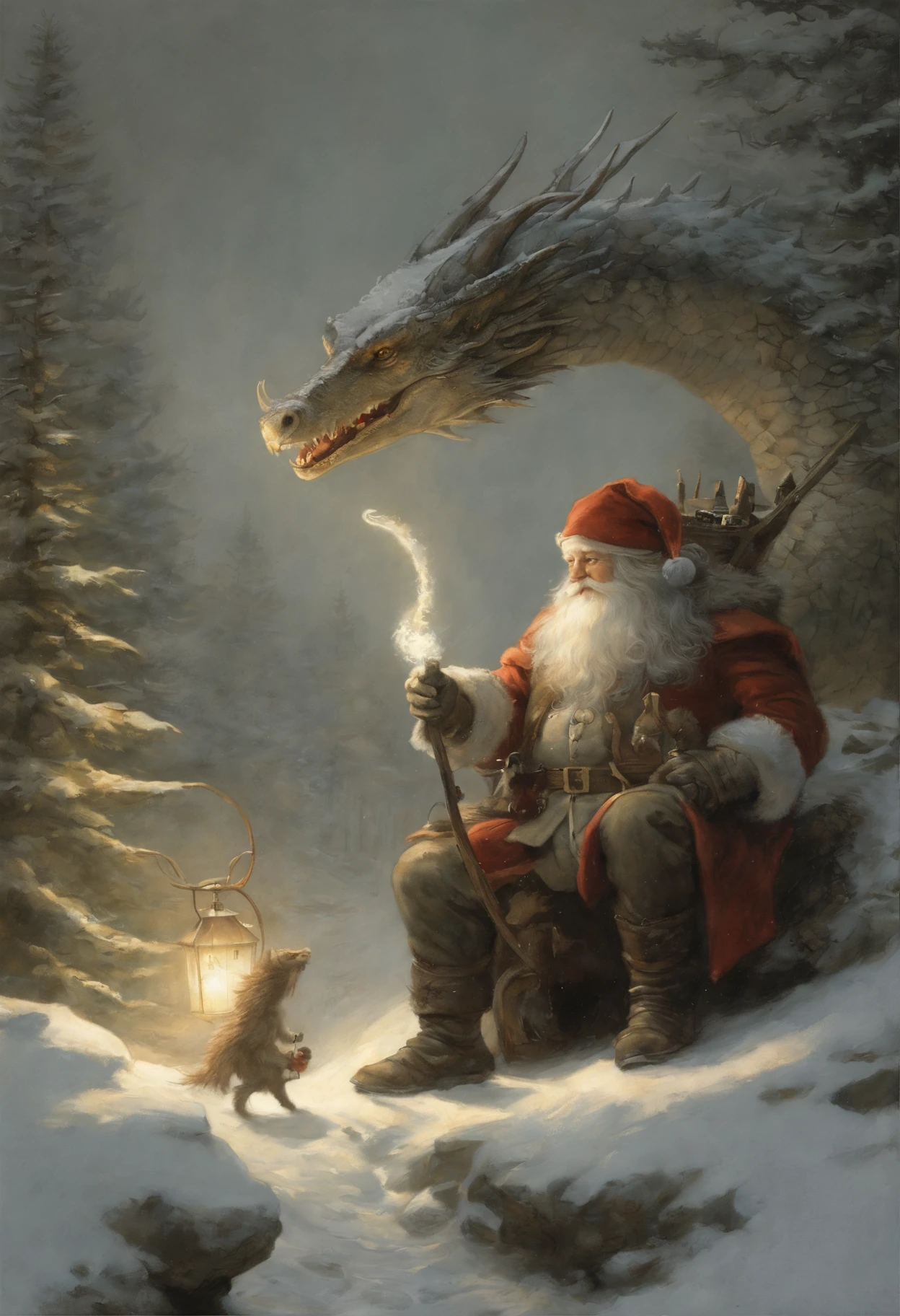 真实感, dark fantasy style, John Tolkien style, Small painting by Jean-Baptiste Monge,Santa Claus riding a dragon, Santa Claus holds the dragon by the horns, Santa Claus riding a dragon, winter, Snow is falling, huge christmas tree, anatomically correctly drawn body, Looks like an ancient dragon, The city, megalopolis, city trail, Big Christmas tree, glass skyscraper, Jean-Baptiste Monge, anthropomorphic --ar 2:3 --testp -optimistic;