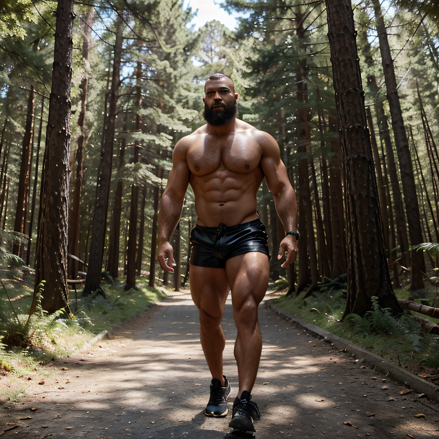 vue complète du corps d'un bodybuilder barbu torse nu marchant dans une forêt, crâne rasé, Mini short moulant en caoutchouc noir brillant et lisse, journée ensoleillée, Ciel bleu