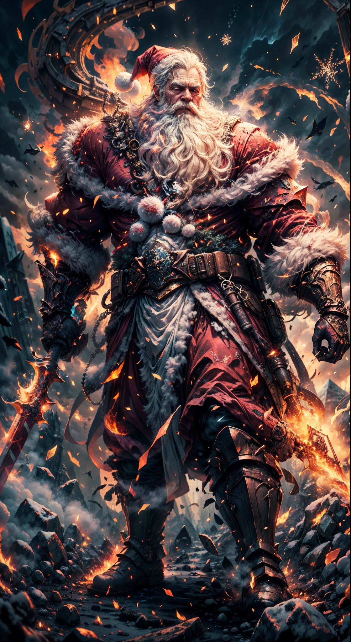 Santa Claus as the boss of the game "Dark Souls" in the Christmas DLC,best quality,4k,8k,highres,masterpiece:1.2,ultra-detailed,realistic:1.37,[HDR],[UHD],[studio lighting],extremely detailed face,beautiful detailed eyes,beautiful detailed lips,long eyelashes,[physically-based rendering],powerful physique,wearing a red and white armor suit with intricate designs,[imposing presence],holding a mighty candy cane [greatsword],surrounded by a snowy landscape,with large icicles hanging from the environment,casting a golden aura,[epic battle scene],intense fire and smoke effects,[vivid colorokeh],blue and white color scheme with hints of gold, dramatic lighting with warm highlights and cool shadows.