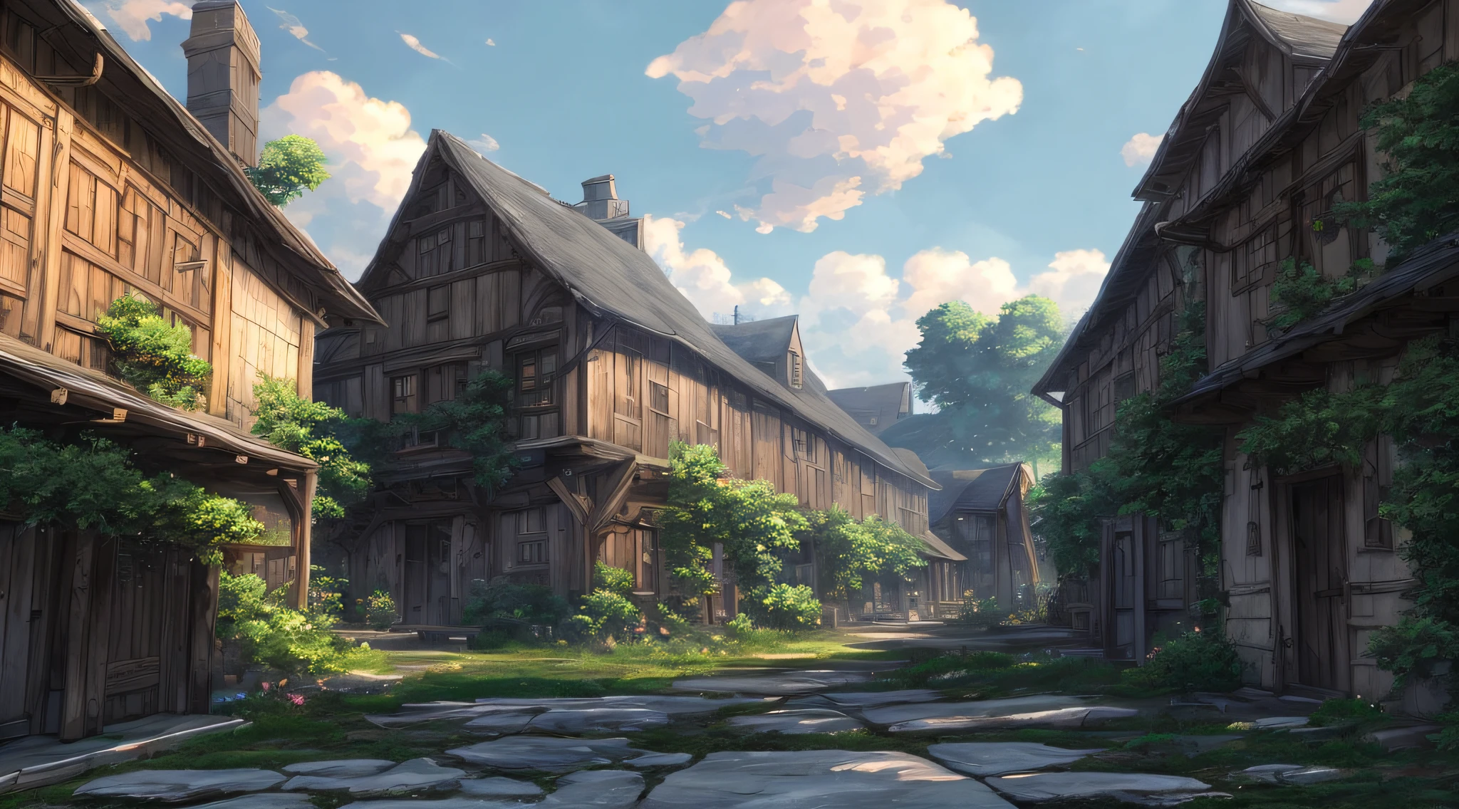 There is a photo of the yard,There are a lot of buildings inside, Anime background art, Anime landscape concept art, Small town background, Anime countryside landscape, beautiful anime scenery, Detailed view – width 672, Anime landscapes, french village exterior, tavern background, 2. 5D CGI anime fantasy artwork, anime concept hdr anime macmanus, hd anime cityscape, anime backgrounds