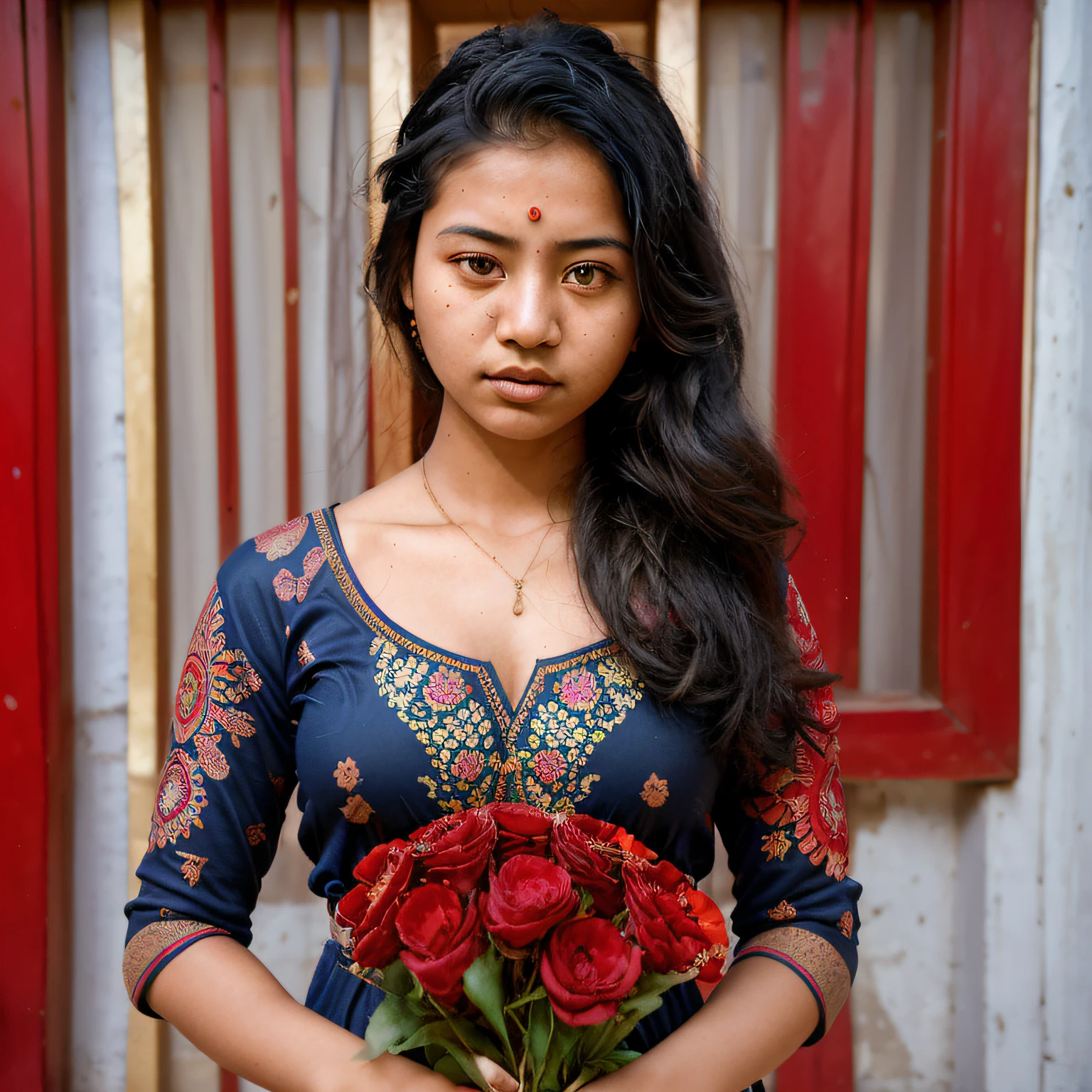 travellers, in the style of rap aesthetics, girl,Nepal,make for a memorable photo. The background is to the ancient temples and palaces of Kathmandu ,photo taken with fujifilm superia, charly amani, oversized portraits, babycore, upper body