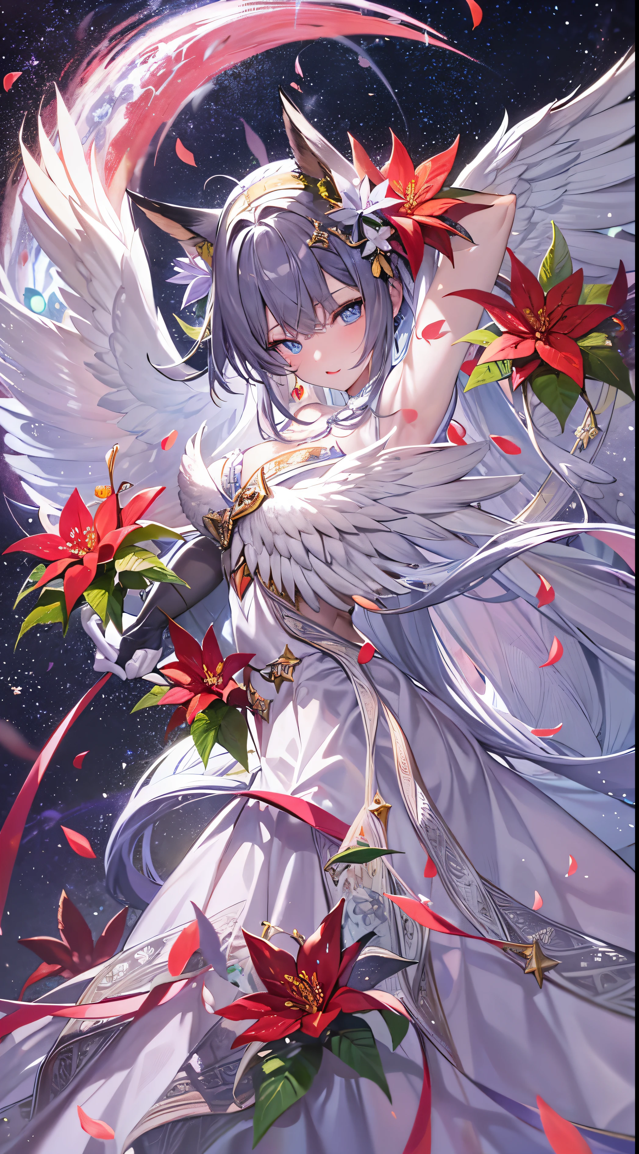 High level of image quality、high high quality、tmasterpiece、like a dream、Sparkling poinsettias、sparkling petals flying petals、vibrancy、Silver-haired girl number one、Eyes are bright、Eyes seem to be sucked in、big breasts enchanting、airbubble、theatrical、cheek with hand、Enlarge your face、Moon Night、large full moon、Four big wings like angels beautiful background and lots of text