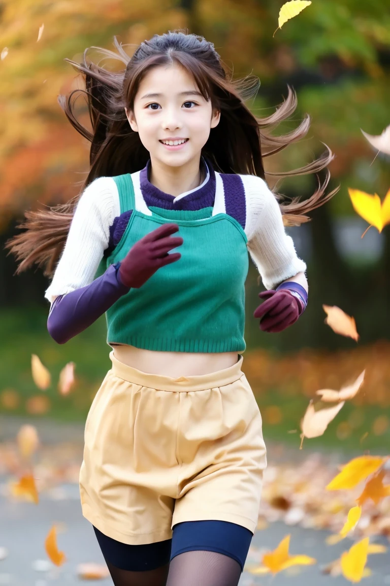 Falling leaves everywhere、beautiful a girl、ars、Japan beautiful girl、stright long hair、gloves、run、