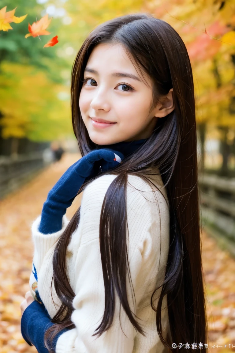 Falling leaves everywhere、beautiful a girl、ars、Japan beautiful girl、stright long hair、gloves、run、