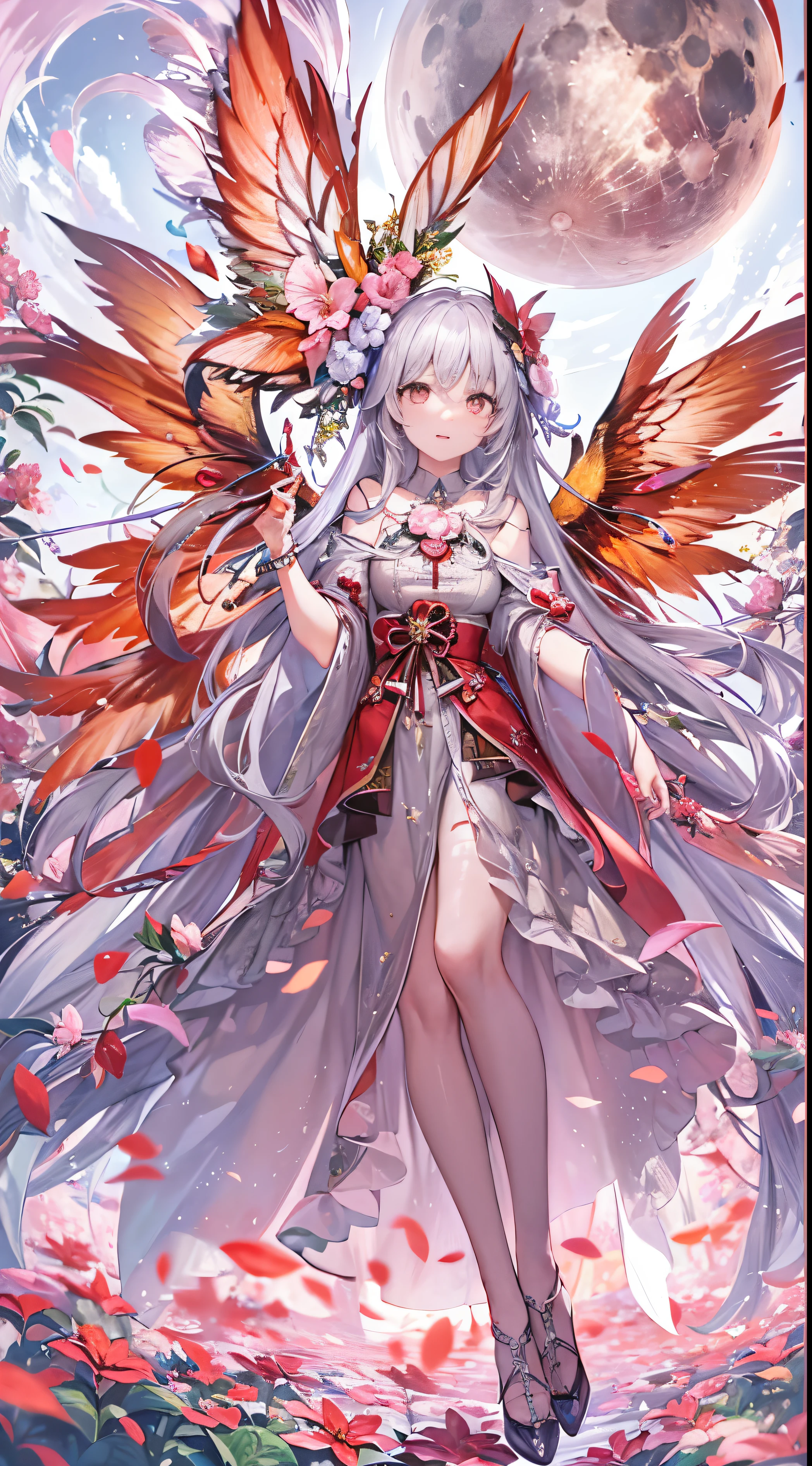 High level of image quality、high high quality、tmasterpiece、like a dream、Sparkling poinsettias、sparkling petals flying petals、vibrancy、Silver-haired girl number one、Eyes are bright、Eyes seem to be sucked in、big breasts enchanting、airbubble、theatrical、cheek with hand、Enlarge your face、Moon Night、large full moon、Four big wings like angels beautiful background and lots of text