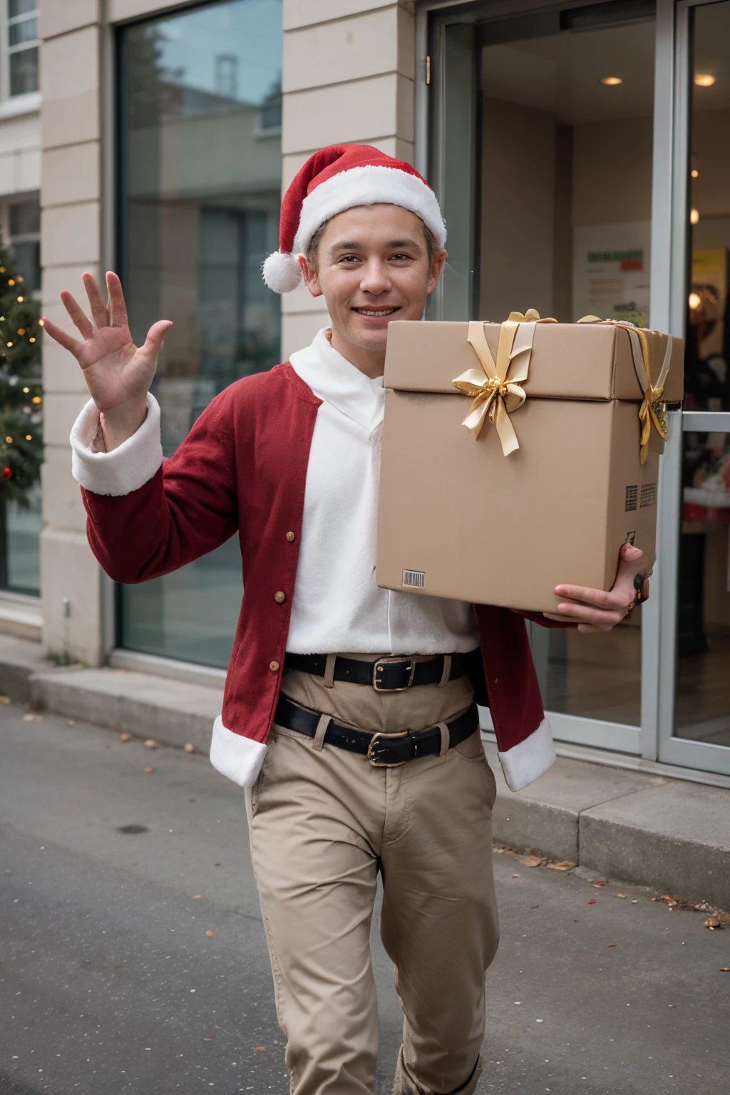 Generate a DHL express Christmas card, on the card, 2 elfs will be carrying the boxes from the DHL van and taking it to Santa Claus who is holding a stop sign with one hand and waving with the other hand. And show a text saying "seasonal greetings" on the card