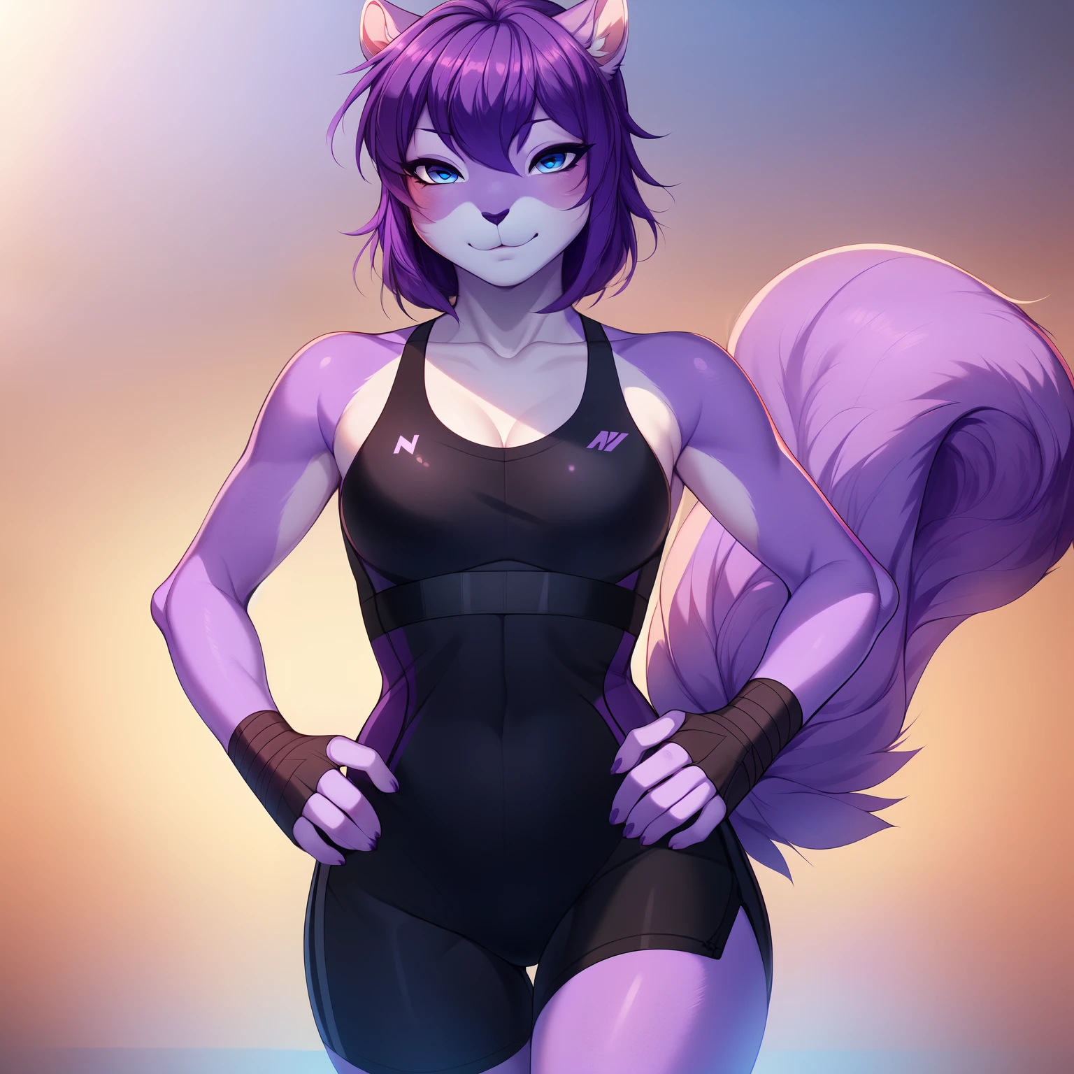 by kenket, by totesfleisch8, (by thebigslick, by silverfox5213:0.8), (by syuro:0.2), Kaori, purple squirrel, purple furry body, blue eyes, female, purple hair, shaggy long purple hair, ponytail hair, detailed blue eyes, squirrel snout, black squirrel nose, squirrel tail, naked, perfect small breasts, standing, in a yoga studio, detailed blue eyes, smiling, perfect body, abs, toned body, defined muscles, flexing, oiled body, blep:1.3, mouth closed, tongue sticking out out mouth, furrowed eyebrows, 