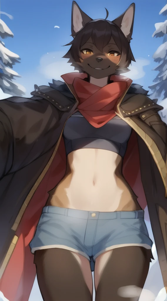 独奏, (A  girl:1.2), , eye liner, lips, Short shorts, Jacket with long sleeves, Adventure Clothing, dnd, Author: Bebebebebe, Belgian Shepherd Groenendael, black fur color, Fluffy, Black lip gloss, Short Hair Hair, small waist, wide hips,  Slim, the perfect body, The dominant point of view, predatory smile, steam from the body, Winter is coming, warrior