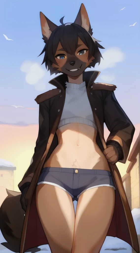 独奏, (A  girl:1.2), , eye liner, lips, Short shorts, Jacket with long sleeves, Adventure Clothing, dnd, Author: Bebebebebe, Belgian Shepherd Groenendael, black fur color, Fluffy, Black lip gloss, Short Hair Hair, small waist, wide hips,  Slim, the perfect body, The dominant point of view, predatory smile, steam from the body, Winter is coming, warrior