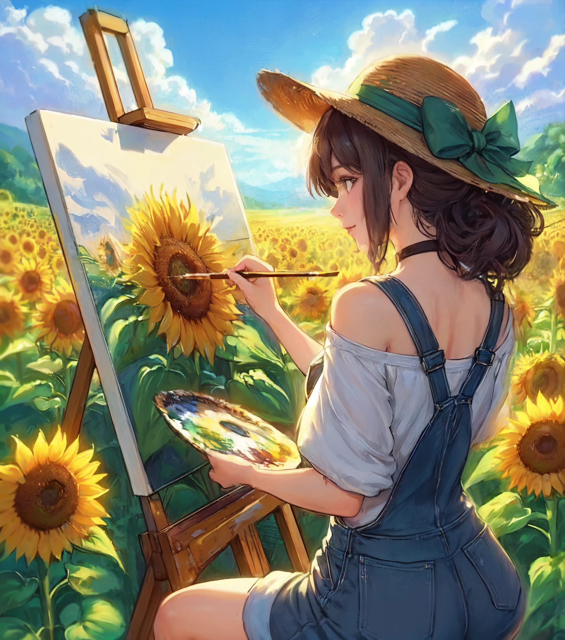 1lady solo, (painting (a sunflower oil painting) on a canvas), (stylish outfit) overalls (hat with a green hatband:1.1), mature female, /(dark brown hair/) bangs, light smile, (facing away), (masterpiece best quality:1.2) delicate illustration ultra-detailed, large breasts BREAK (painting of a sunflower), (painting brush), (palette of paintREAK (field of sunflowers under the blue sky) outdoors