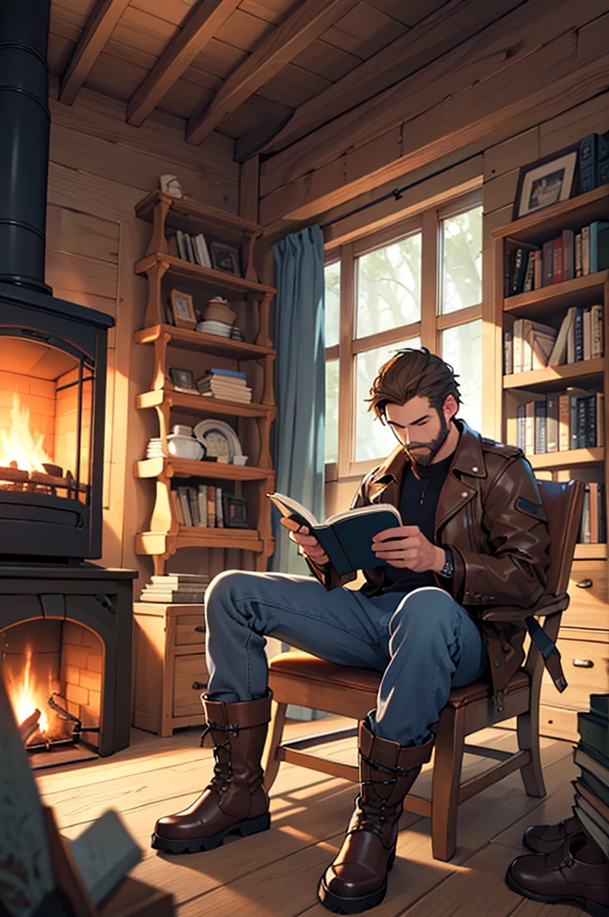 ((brown leather jacket)), dark blue jeans, ((brown gore-tex boots)), short beard, brown hair, reading in cabin, fire-stove, teapot, bookshelves, chair, bed