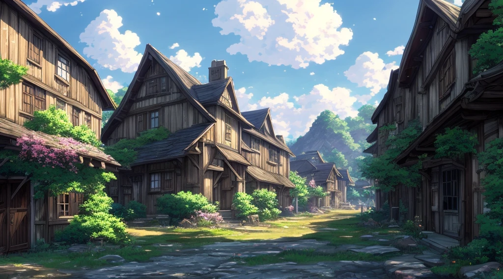 There is a photo of the yard，There are a lot of buildings inside, Anime background art, Anime landscape concept art, Small town background, Anime countryside landscape, beautiful anime scenery, Detailed view – width 672, Anime landscapes, french village exterior, tavern background, 2. 5D CGI anime fantasy artwork, anime concept hdr anime macmanus, hd anime cityscape, anime backgrounds