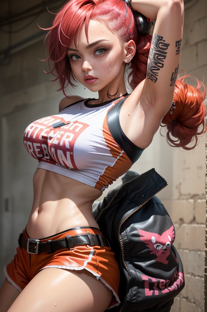 (1girls),medium breastarron marron,Moisturizes the skin,Skin sweating,white wavy hair,Punk T-shirt,Punk Girl