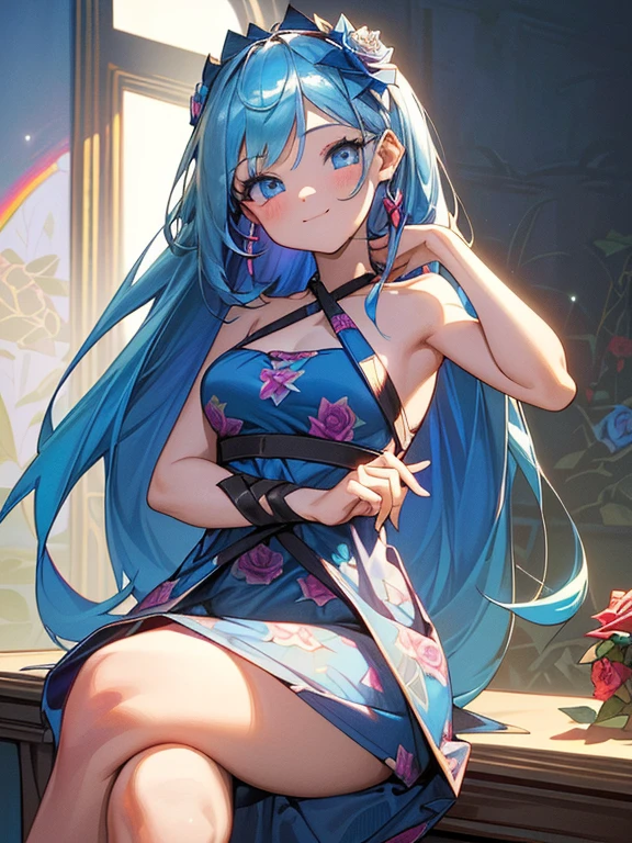 ((​masterpiece、top-quality:1.5、a high chroma:1.5、ultra-detailliert、high-resolution illustrations:1.5、Ultra-high-definition CG、8k size wallpaper、offcial art))、,(highly colorful:1.5),(front view:1.5),(1girl),(Cute little girl:1.5)、(Shining blue eyes:1.5),(Beautiful face:1.5,Beautiful eyes:1.5)、(close to viewer:1.5),((sit on the desk、 crossed legs:1.5)),
(forced smile:1.3)、(sexy body),(Multicolored rose print criss-cross halter dress:1.5), (Beautiful colorful rose print criss-cross halter dress in every detail),(high heel boots),(medium breasts:1.5),,(Shining blue eyes:1.8)、(cowboy shot:1.5)、(), ,,​​colourfull、
