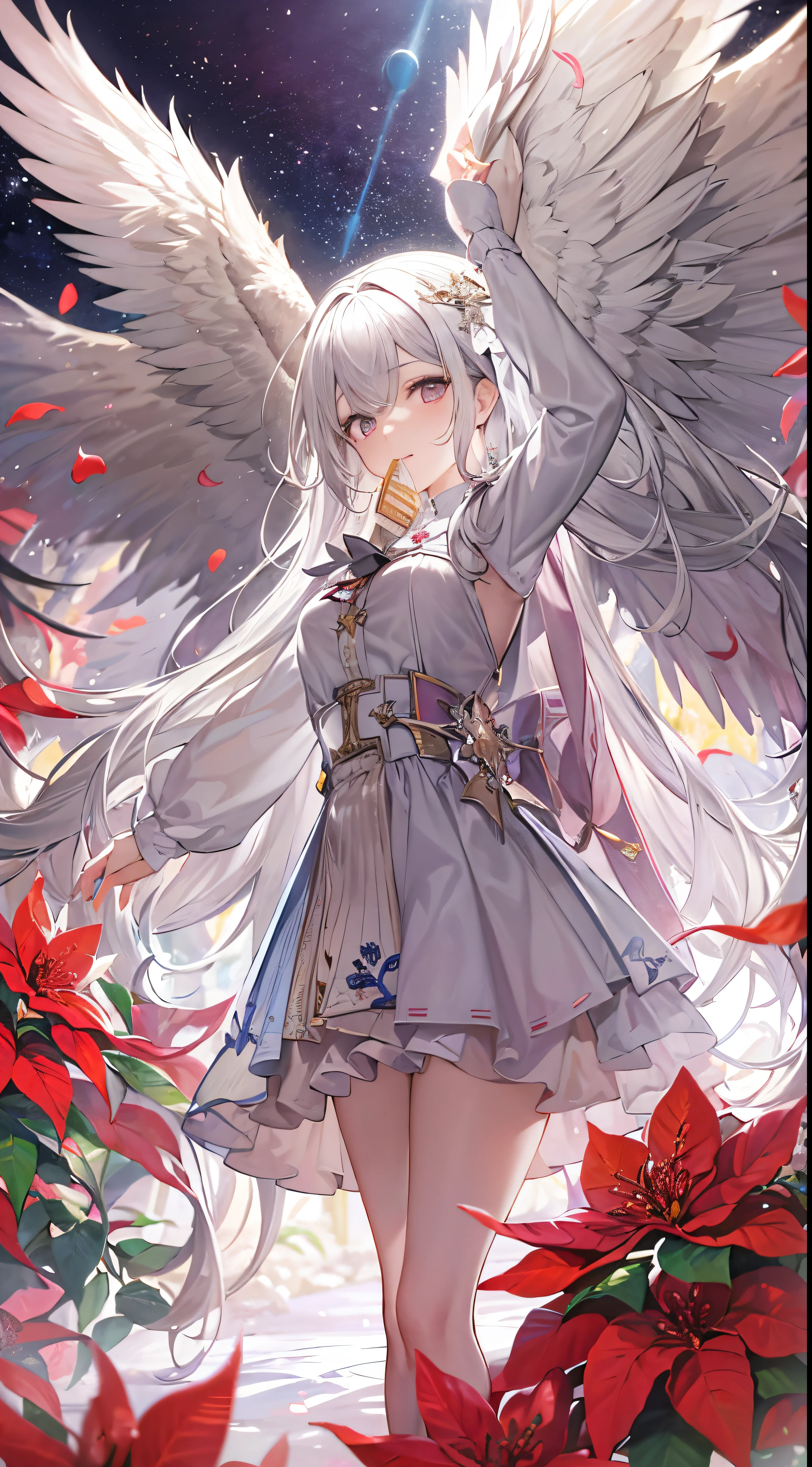 High level of image quality、high high quality、tmasterpiece、like a dream、Sparkling poinsettias、sparkling petals flying petals、vibrancy、Silver-haired girl number one、Eyes are bright、Eyes seem to be sucked in、big breasts enchanting、airbubble、theatrical、cheek with hand、Enlarge your face、Moon Night、large full moon、Four big wings like angels beautiful background and lots of text