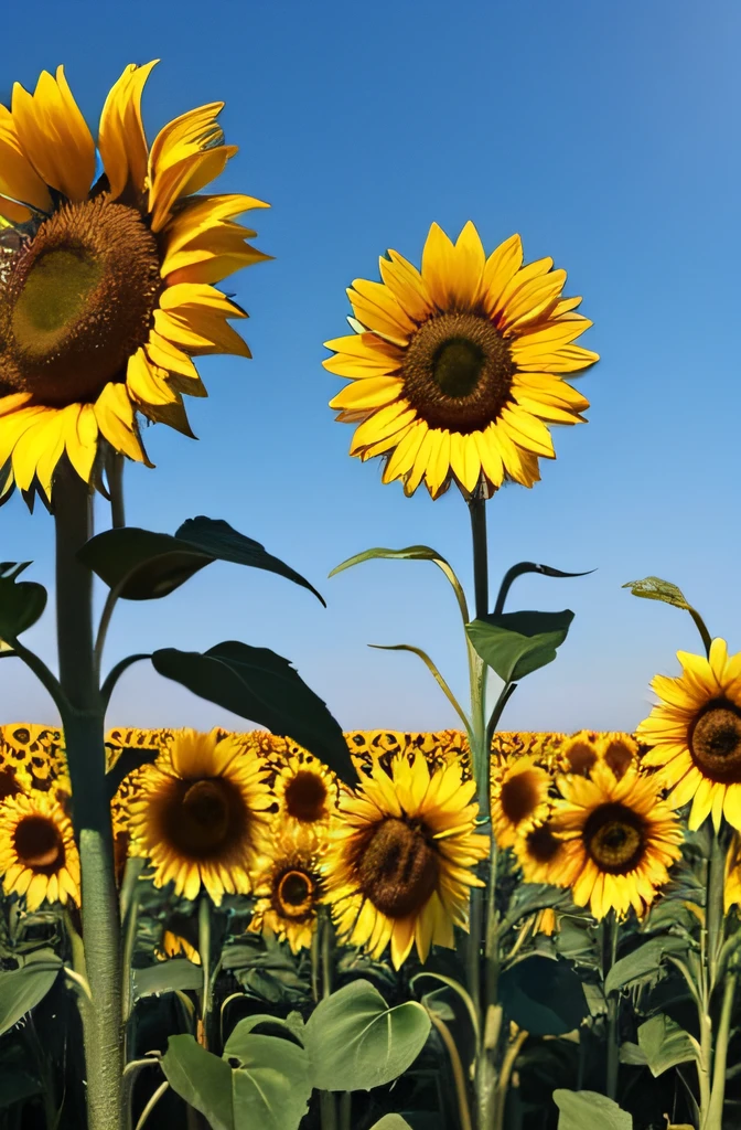 Close-up of a sunflower field，The background is blue sky, colours : himawari, （Scenes : sunflower fields）, helianthus flowers, Crystal sunflower, and the sun was shining brightly, Sunflowers in full bloom，tmasterpiece，lamplight，k hd，