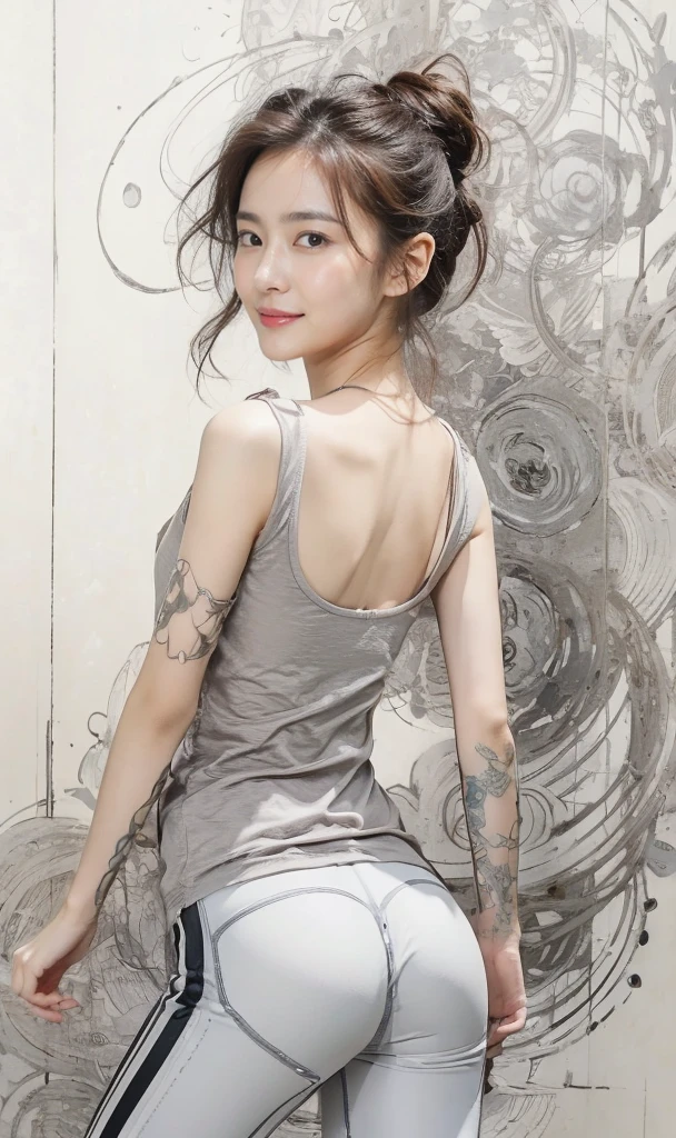 (On a table, Best quality, realistically, ultra - detailed, meticuloso, A high resolution, 8k wallpaper), Close-up portrait of a beautiful woman, Chariada, Smiling, light brown messy hair, Perfect dynamic composition, 美丽meticuloso的眼睛, Just like the cover of a fashion magazine, On campus