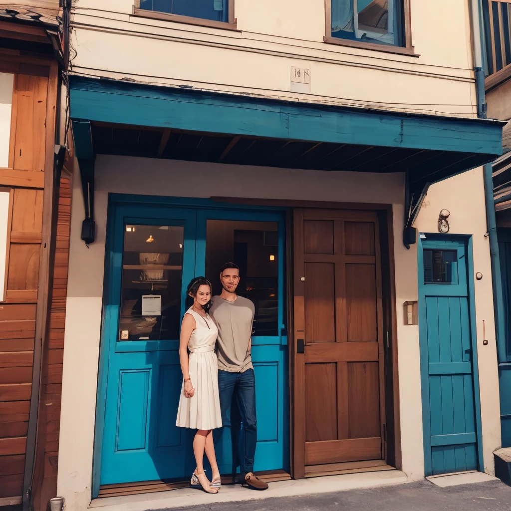 Disney Pixar style
In front of the door put a beard boy with dark short hair and a curly blonde girl with blue eyes, they are the owners of Umami Pub (in the picture you can see it)
