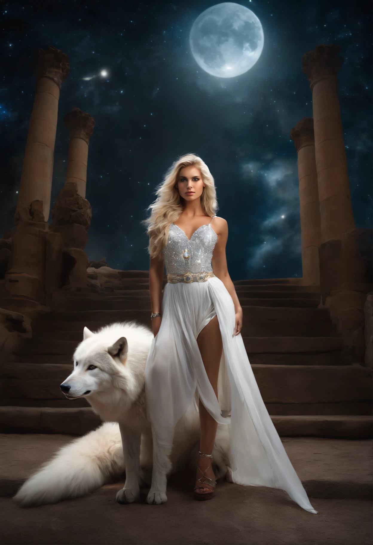 ((White wolf and girl)), (huge wolf), white wolf'her fur glows with silver sparks, (a huge white wolf guards a beautiful young girl), motion, runs ahead, stooping forward, (Venus de Milo), (NSFW), a goddess, blue eyes, (A very young girl), ((Girl 16 years old)) lips ajar, blue eyes, blonde woman, Very long curly hair, transparent board, transparent air payment, Silver collar, Silver Belt, greek sandals, Silver sandals, Starry sky background, A lot of stars, background Orion Nebula, Two moons, Orion Nebula, go on star trek, The Milky Way is at your feet. full body photographed, Panoramic view, (Masterpiece: 1.5) (Photorealistic: 1.1) (Best Quality) (detail skin texture, pores, hairsh: 1.1) (Intricate) (8K) (HDR) (wallpapers) (Cinematic lighting) (sharp-focus)