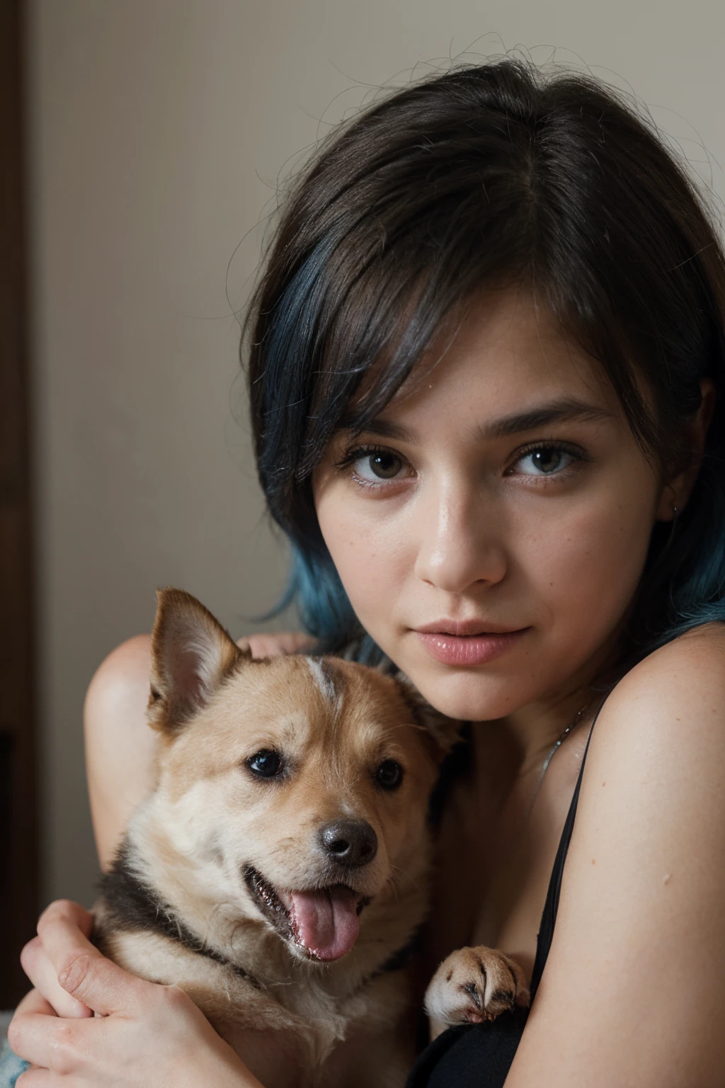 ((best quality)), ((masterpiece)), (detailed), perfect face blue hair young female holding puppy