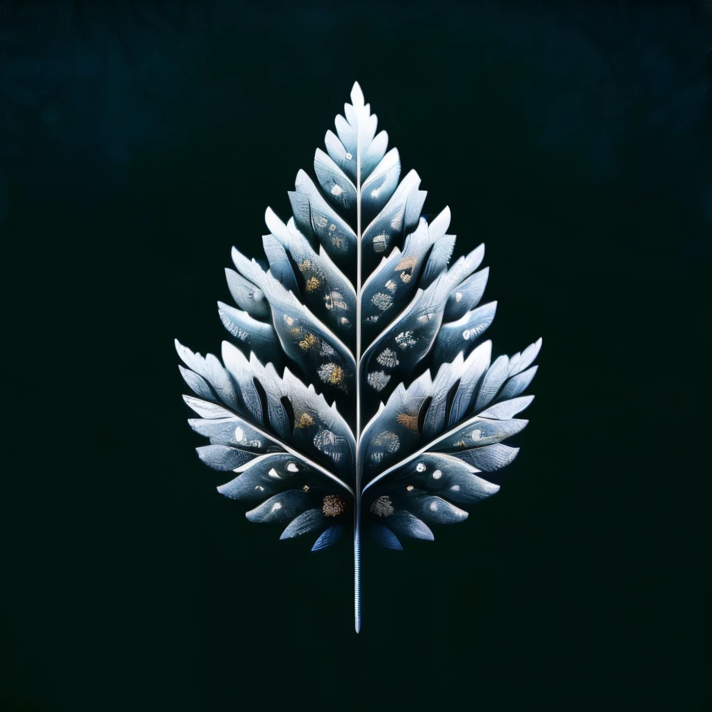 There is a leaf on a black background,There are snowflakes on it, Intricate art deco leaf design, an intricate leaf of fantasy, Fractal leaves, very detailed leaves, very detailed leaves, very detailed illustration, inspired by Petros Afshar, Beautiful and meticulous illustrations, Made from leaf skeleton, Jungian Symbols of Winter, high detail illustration, Plume made of fractals