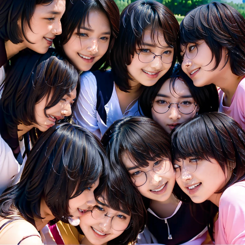 Raw photo、((3girls)),Open eyes、Three women kissing and loving each other、The same face、A dark-haired、a smile、same person、(lesbian orgy)