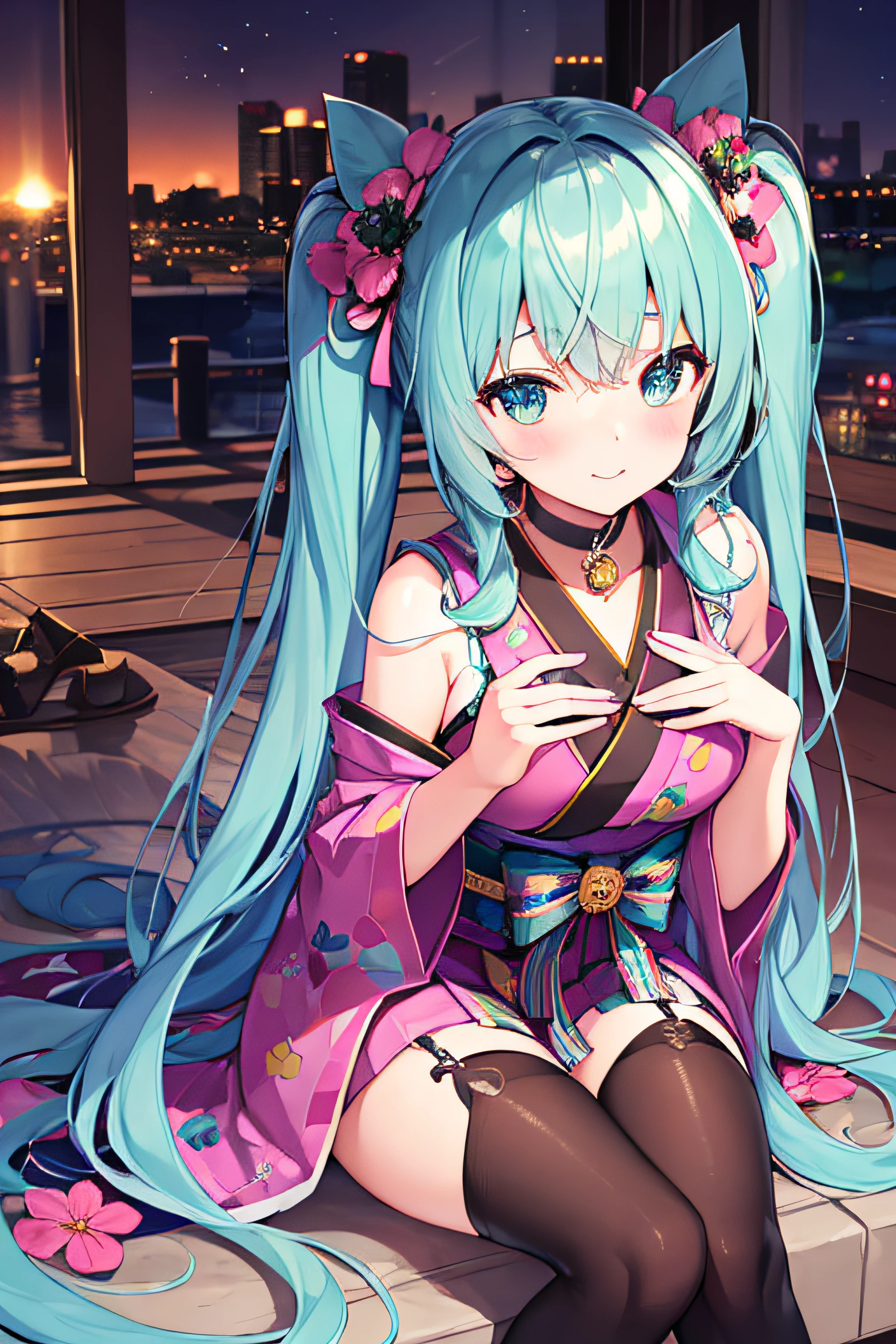 masterpiece、Top image quality、超A high resolution、miku hatsune、blue hairs、Twin-tailed、Blushing、Cute and shy、Short kimono、well-shaped thighs、kyoto、Japan、Night