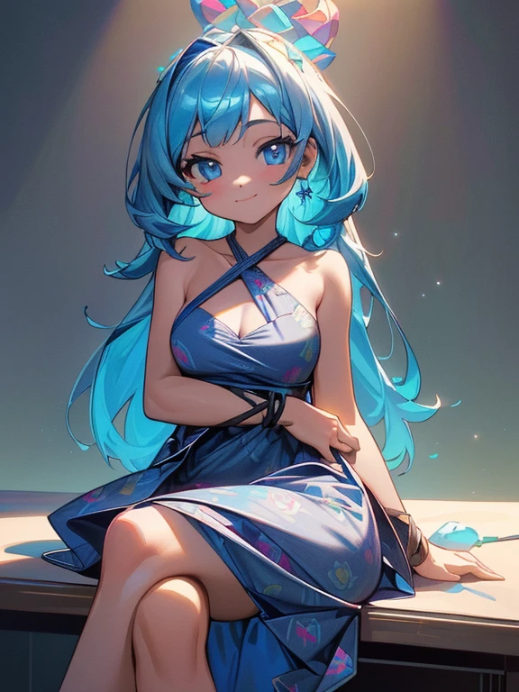 ((masterpiece、top-quality:1.5、a high chroma:1.5、ultra-detailliert、high-resolution illustrations:1.5、Ultra-high-definition CG、8k size wallpaper、offcial art))、,(highly colorful:1.5),(front view:1.5),(1girl),(Cute :1.5)、(Shining blue eyes:1.5),(Beautiful face:1.5,Beautiful eyes:1.5)、(close to viewer:1.5),((sit on the desk、 crossed legs:1.5)),
(forced smile:1.3)、(sexy body),(Multicolored rose print criss-cross halter dress:1.5), (Beautiful colorful rose print criss-cross halter dress in every detail),(high heel boots),(medium breasts:1.5),,(Shining blue eyes:1.8)、(cowboy shot:1.5)、(), ,,colourfull、