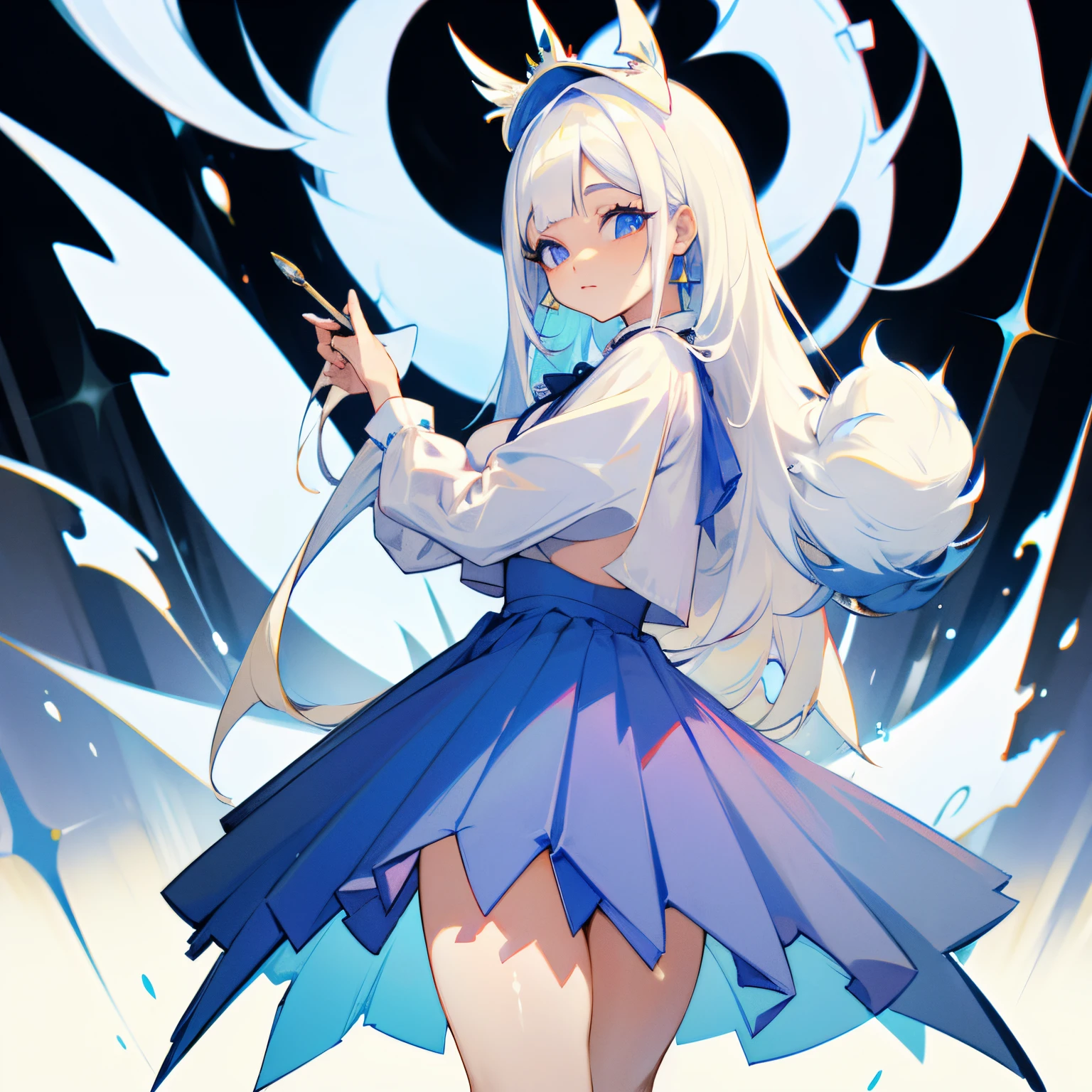 a beauty girl、white hair、hime-cut、Long、skirt by the、Yellow and Blue Odd-Eye