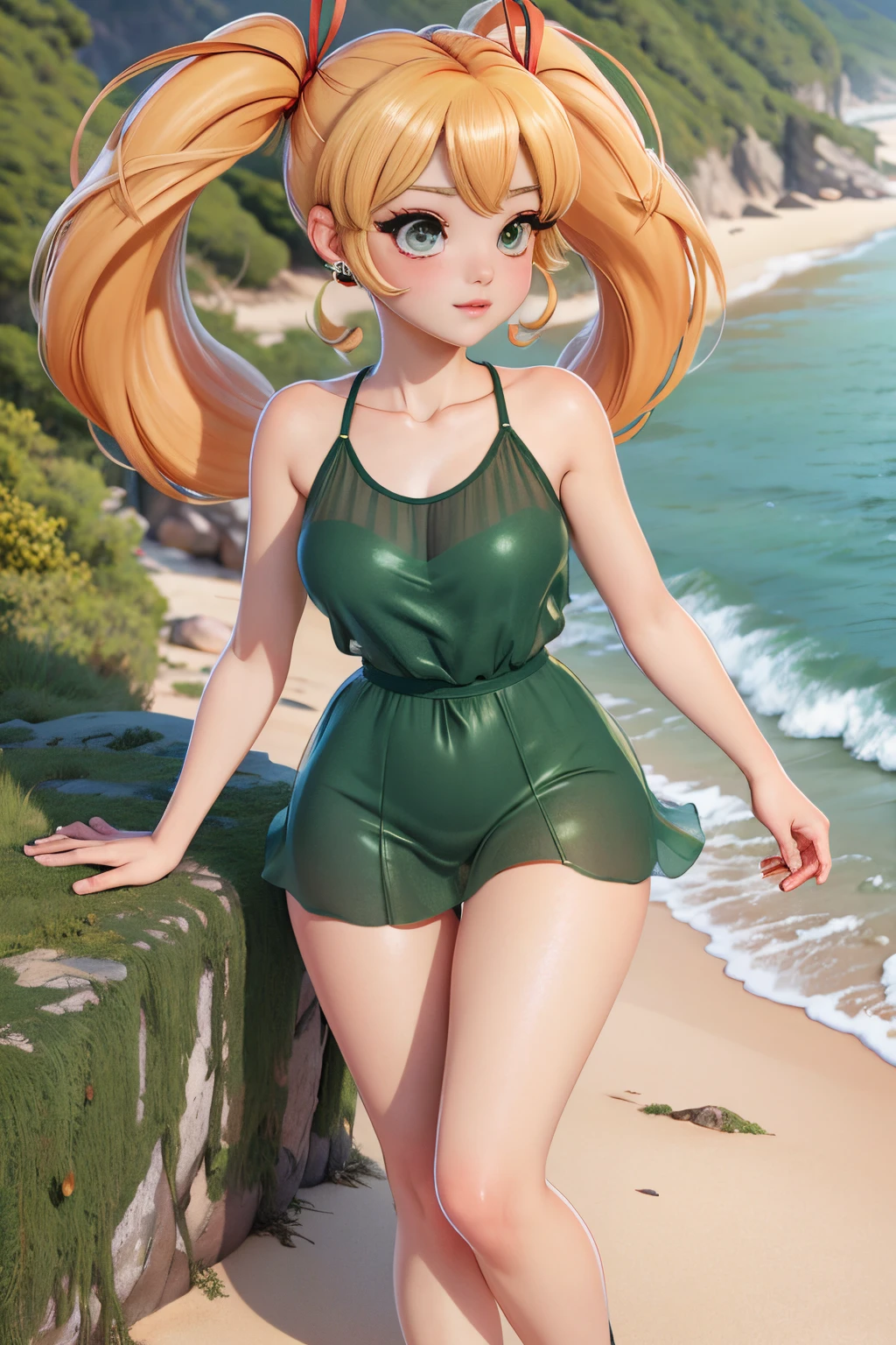 anime styled, Anime Artwork,The ultra -The high-definition,超A high resolution,wink,Clear eyes, Pretty lips, Beautiful girl with well-formed face,long eyelashes, Twin tails tied with a red ribbon,blonde hair, A begging look, Sheer emerald green short dress in sheer fabric, fullnude,bare-legged,Draw the whole body from the top of the head to the toes。A deserted summer coast