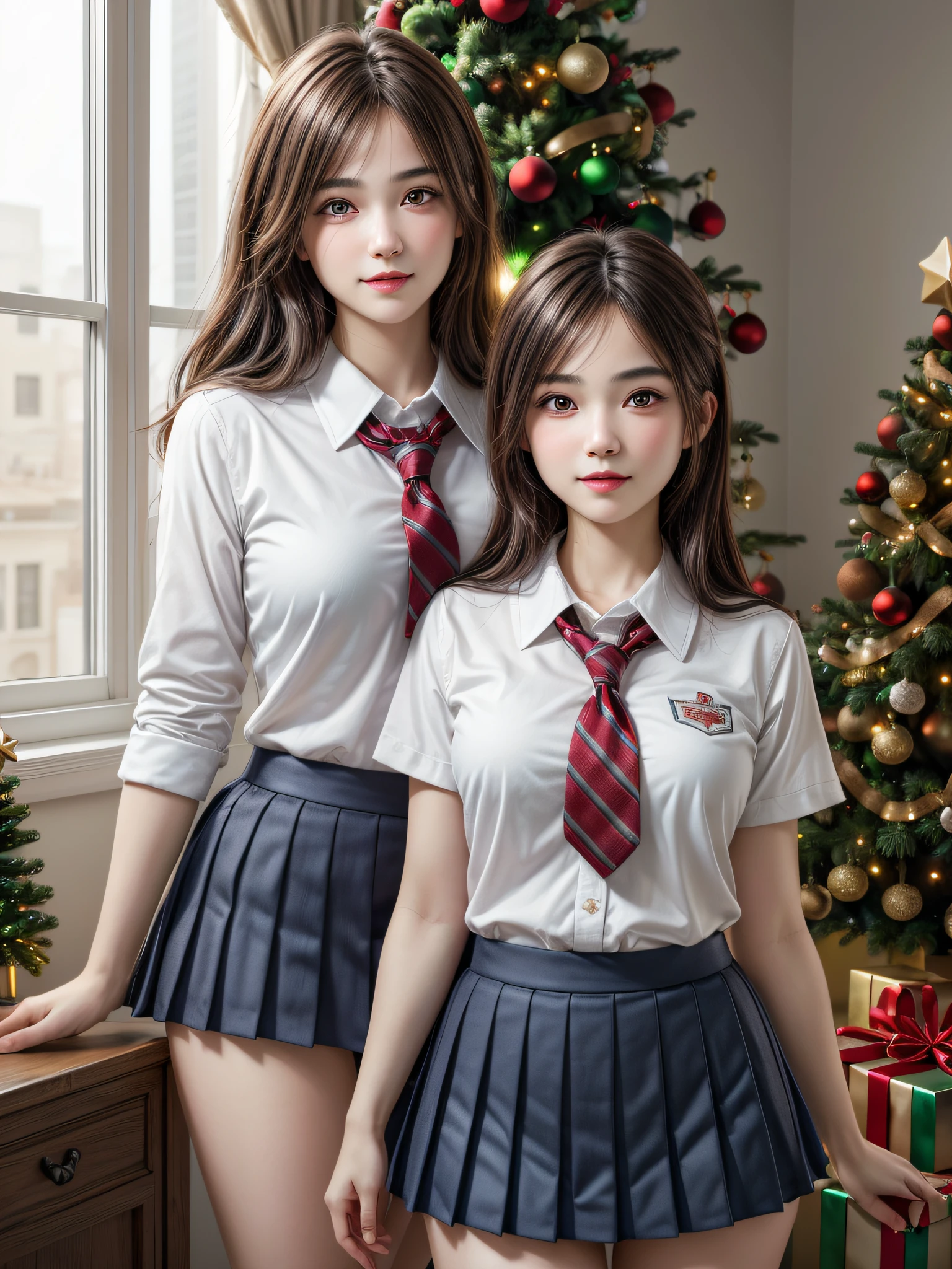 (2girls:1.4), Extremely cute, amazing face and eyes beautiful nice smile), (extremely detailed beautiful face), bright and shiny lips, (School uniform, Pleated skirt:1.3), (Best Quality:1.4), (hyper quality), (Ultra-detailed), (Hyper-realistic, Photorealsitic:1.37), Authentic skin texture, intricate-detail, extremely detailed CG unified 8k wallpaper, RAW Photos, professional photograpy, Cinematic lighting, Exposing, Christmas tree, Christmas Ornaments, Christmas Decorations, Christmas Lights, Christmas Lights,