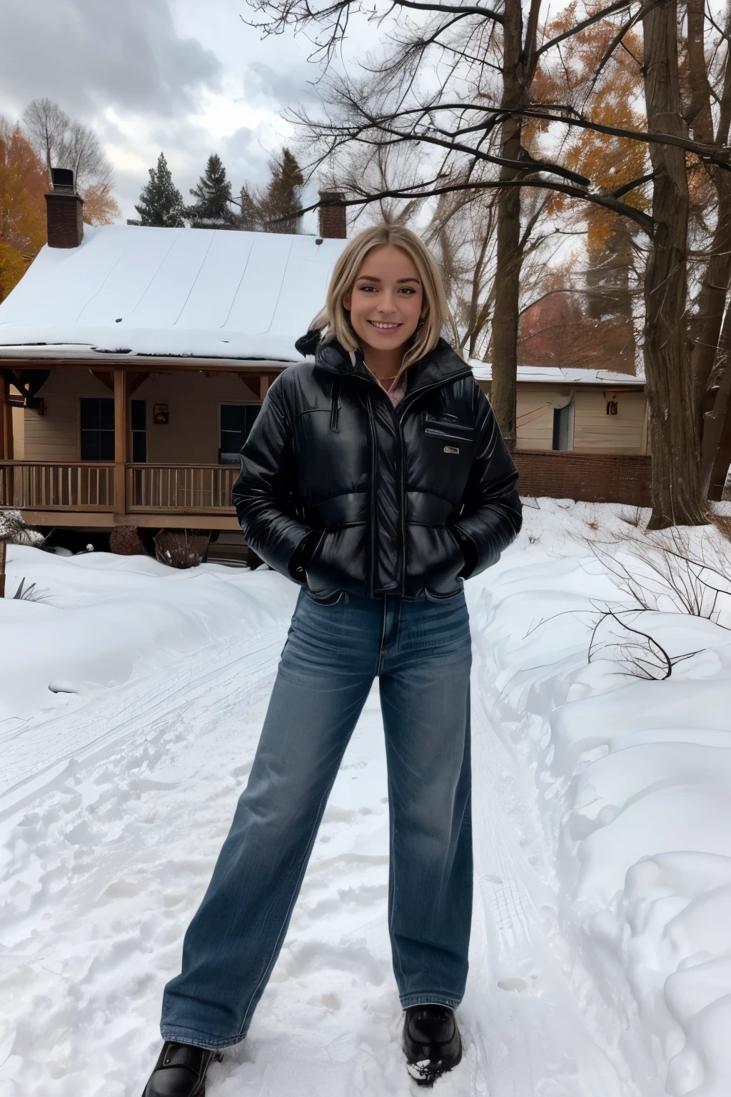 A 20-year-old girl plays and dances in the snow,( Ihr Haar ist kurz und blond), Sie liebt es,Sie ist in Aspen,Meisterwerk 8K, HDR, ultra realistisch