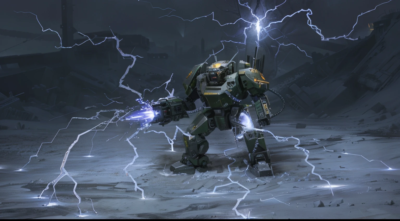 There is a robot, who stands in the middle of a thunderstorm, wh 4 0 k art, ConceptArt, Scenic humanoid mech, fur, Warhammer 4 0 K - Artworks, Strogg earthquake, Mecha Hound, Стиль Warhammer 40K, Epic concept art. Warhammer 40k, mecha warrior, Warhammer 4 0 K Фэнтези